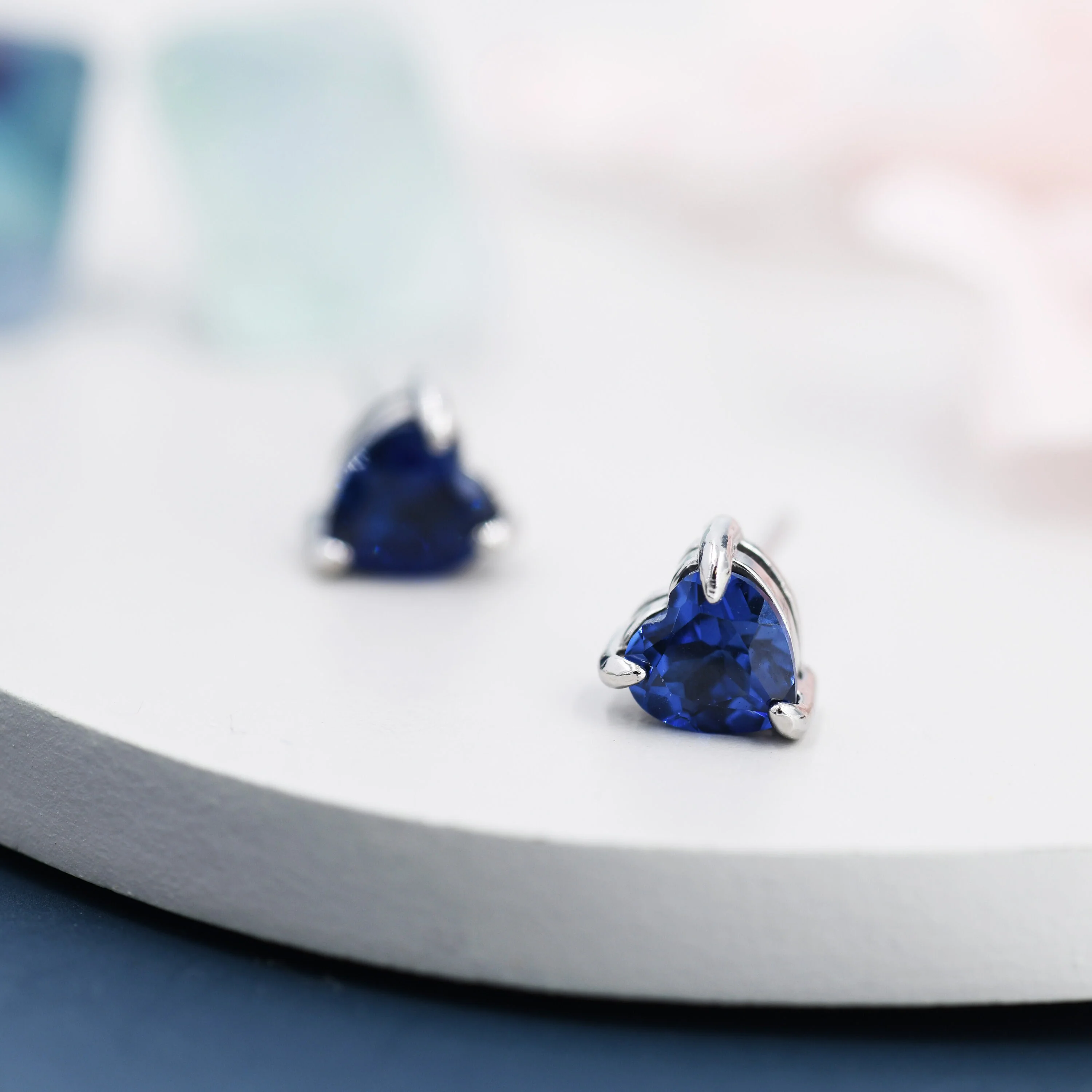 Sterling Silver Extra Dark Sapphire Blue Corundum Heart Stud Earrings, Tiny Heart Earrings, September Birthstone - Image 3