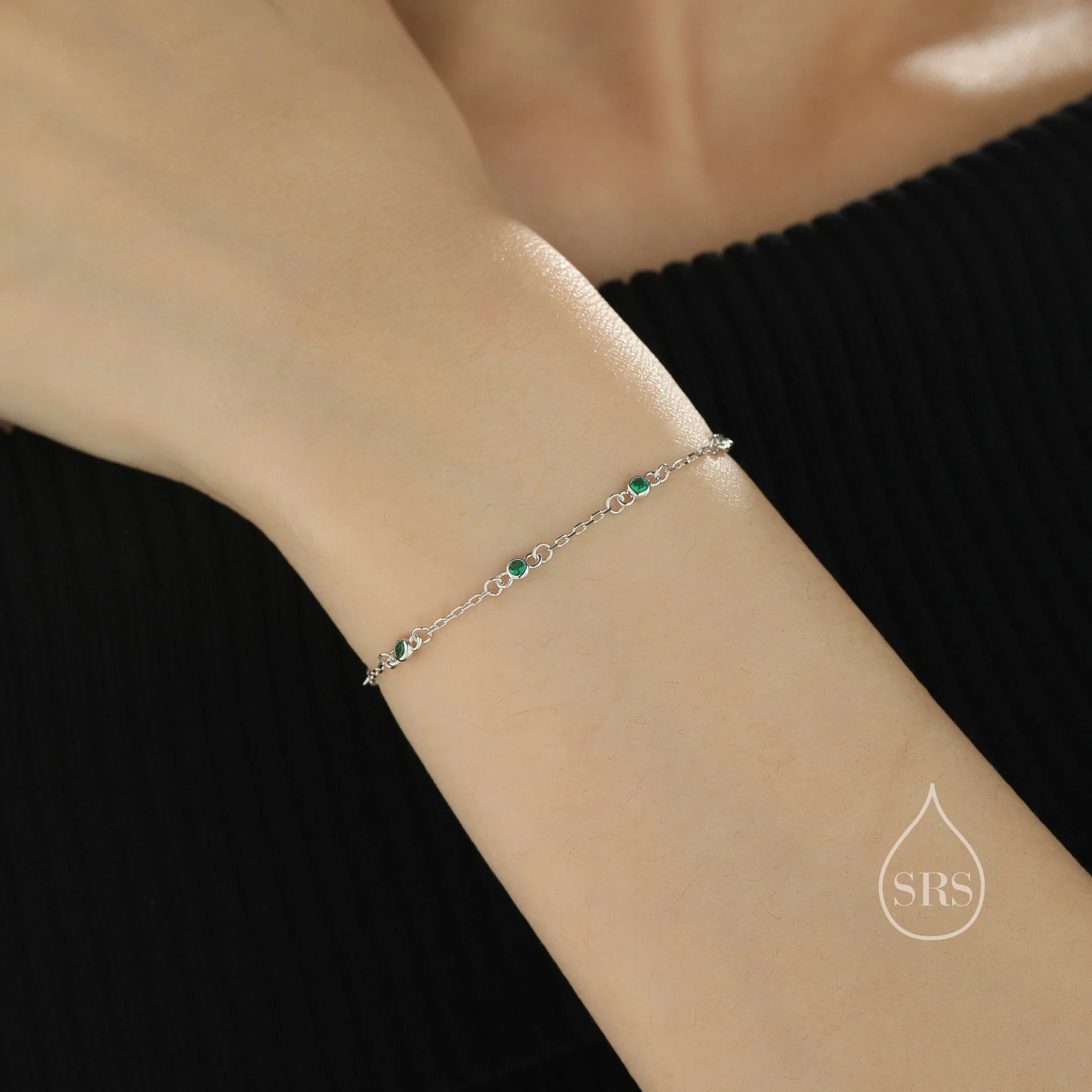 Sterling Silver Extra Delicate Emerald Green CZ Bezel Bracelet, Silver or Gold, CZ Satellite Bracelet, Tiny Delicate CZ Bracelet - Image 2