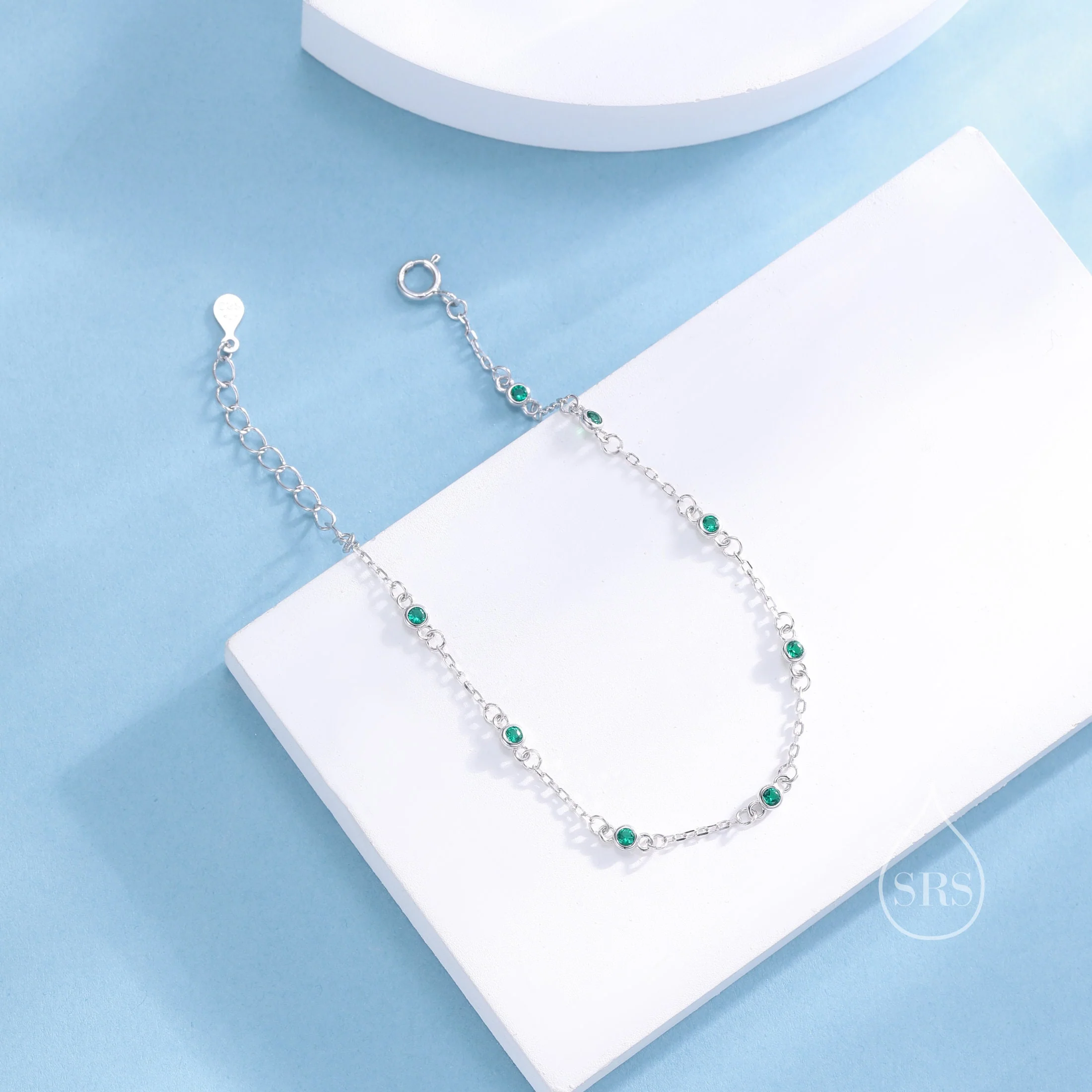 Sterling Silver Extra Delicate Emerald Green CZ Bezel Bracelet, Silver or Gold, CZ Satellite Bracelet, Tiny Delicate CZ Bracelet - Image 3