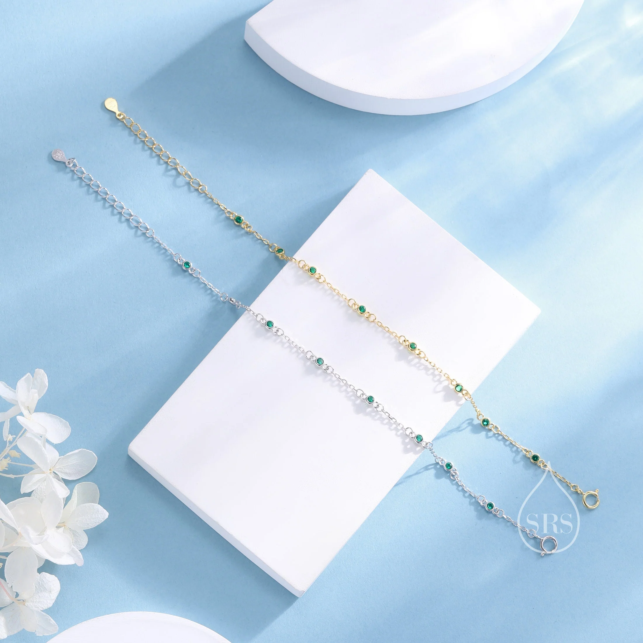 Sterling Silver Extra Delicate Emerald Green CZ Bezel Bracelet, Silver or Gold, CZ Satellite Bracelet, Tiny Delicate CZ Bracelet - Image 4