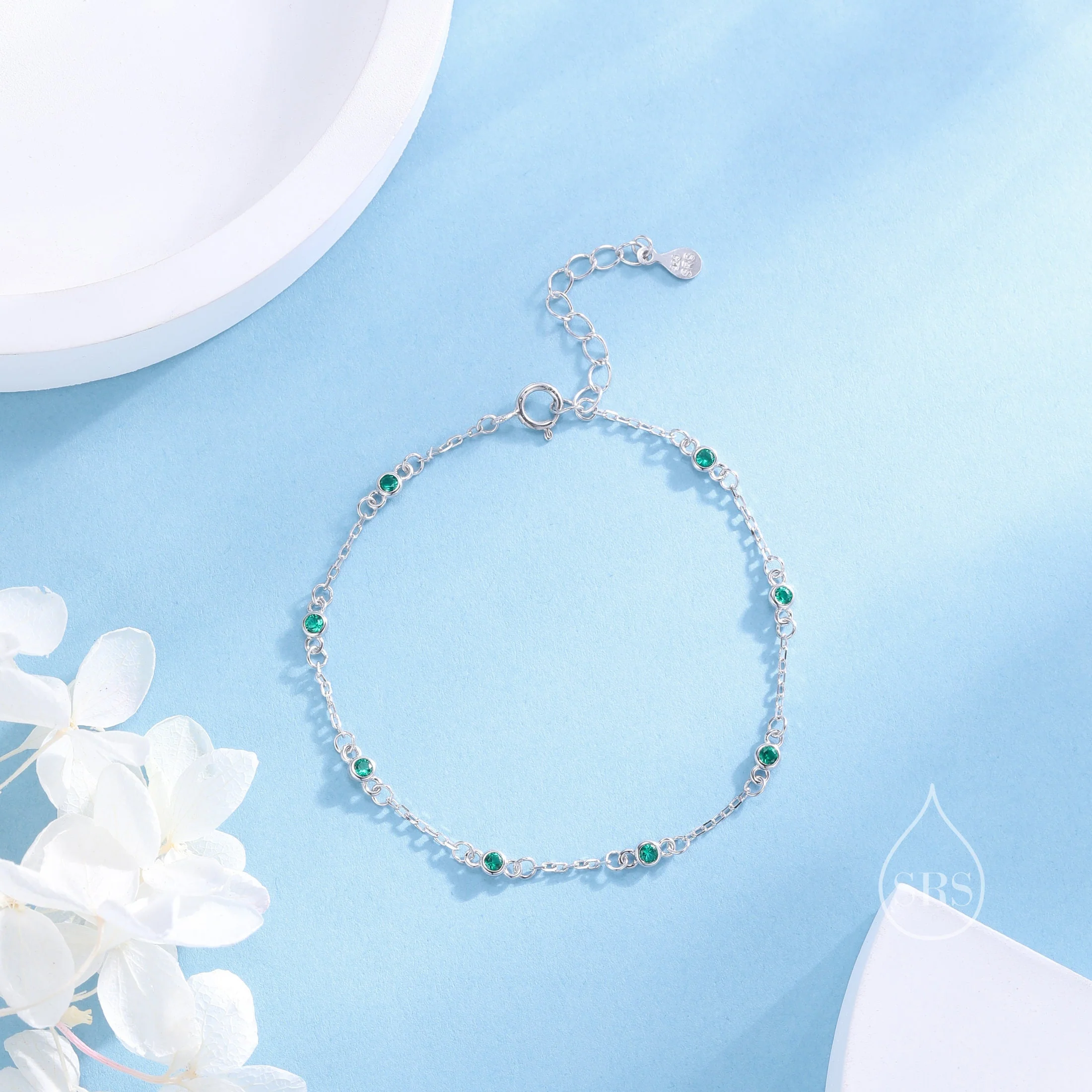 Sterling Silver Extra Delicate Emerald Green CZ Bezel Bracelet, Silver or Gold, CZ Satellite Bracelet, Tiny Delicate CZ Bracelet - Image 5