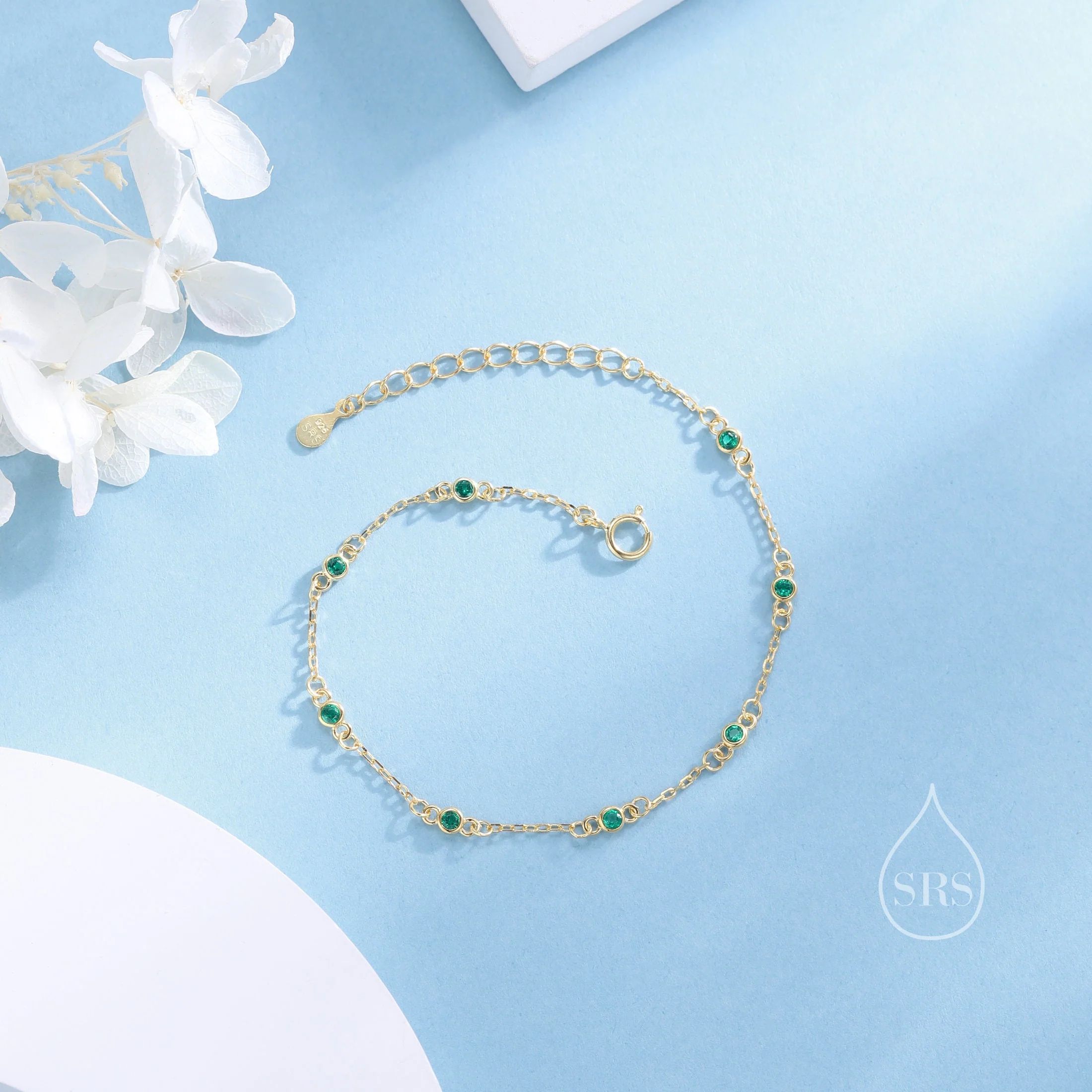 Sterling Silver Extra Delicate Emerald Green CZ Bezel Bracelet, Silver or Gold, CZ Satellite Bracelet, Tiny Delicate CZ Bracelet - Image 6