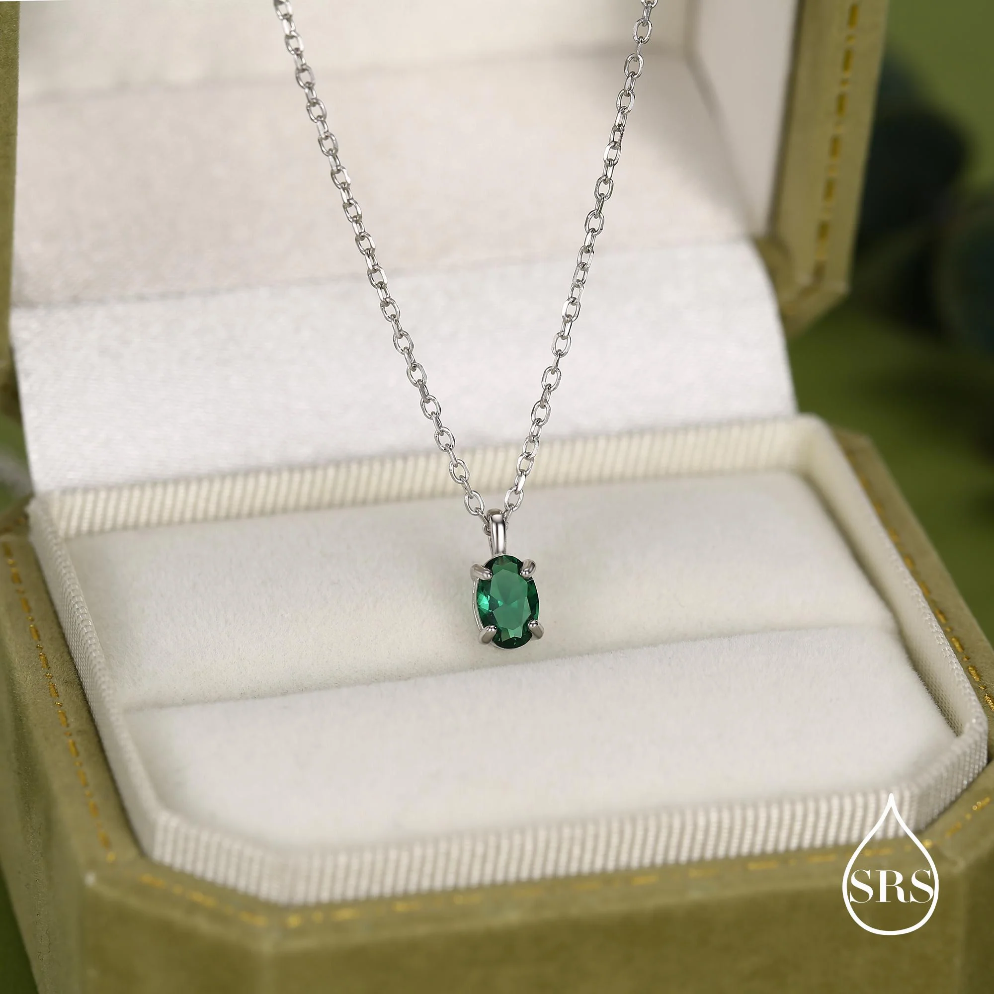 Sterling Silver Extra Tiny 4x6mm Emerald Green CZ Oval Pendant Necklace - Image 3