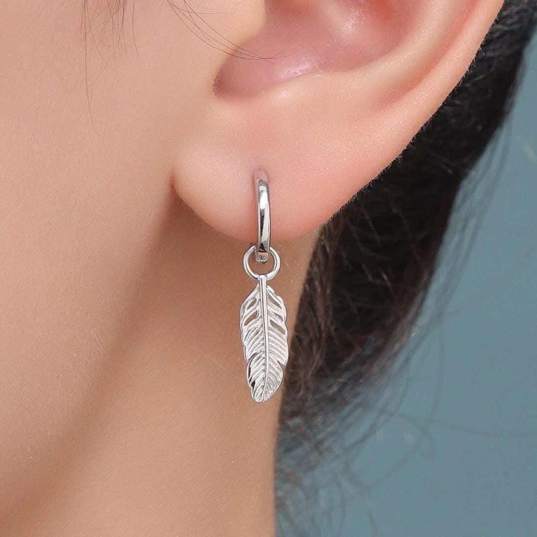 Sterling Silver Feather Hoop Earrings, Detachable Feather Dangle Hoop Earrings, Silver or Gold, Interchangeable Charms