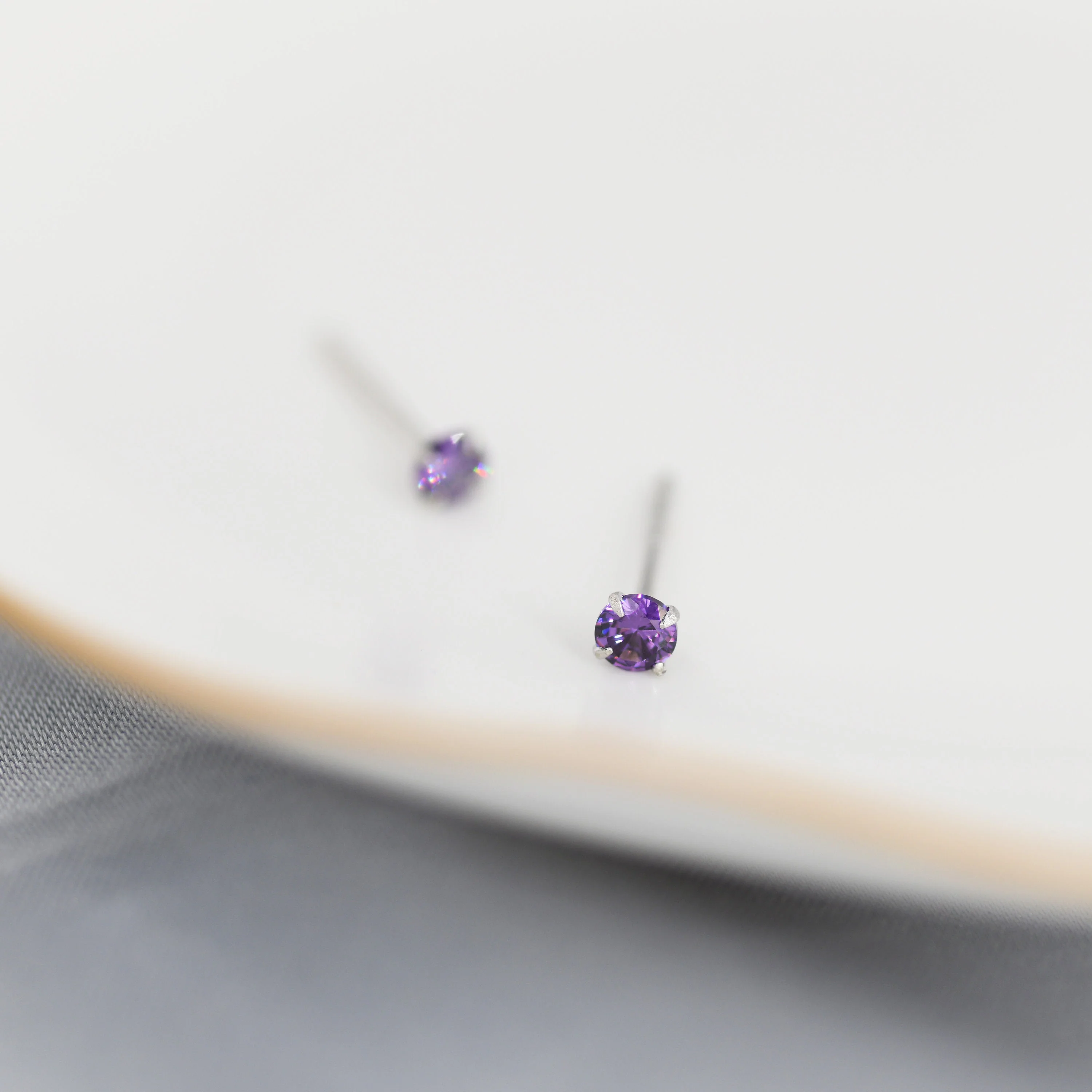 Sterling Silver February Birthstone Amethyst CZ Stud Earrings, Extra Tiny Purple Crystal Stud, 3mm Birthstone CZ Earrings - Image 4