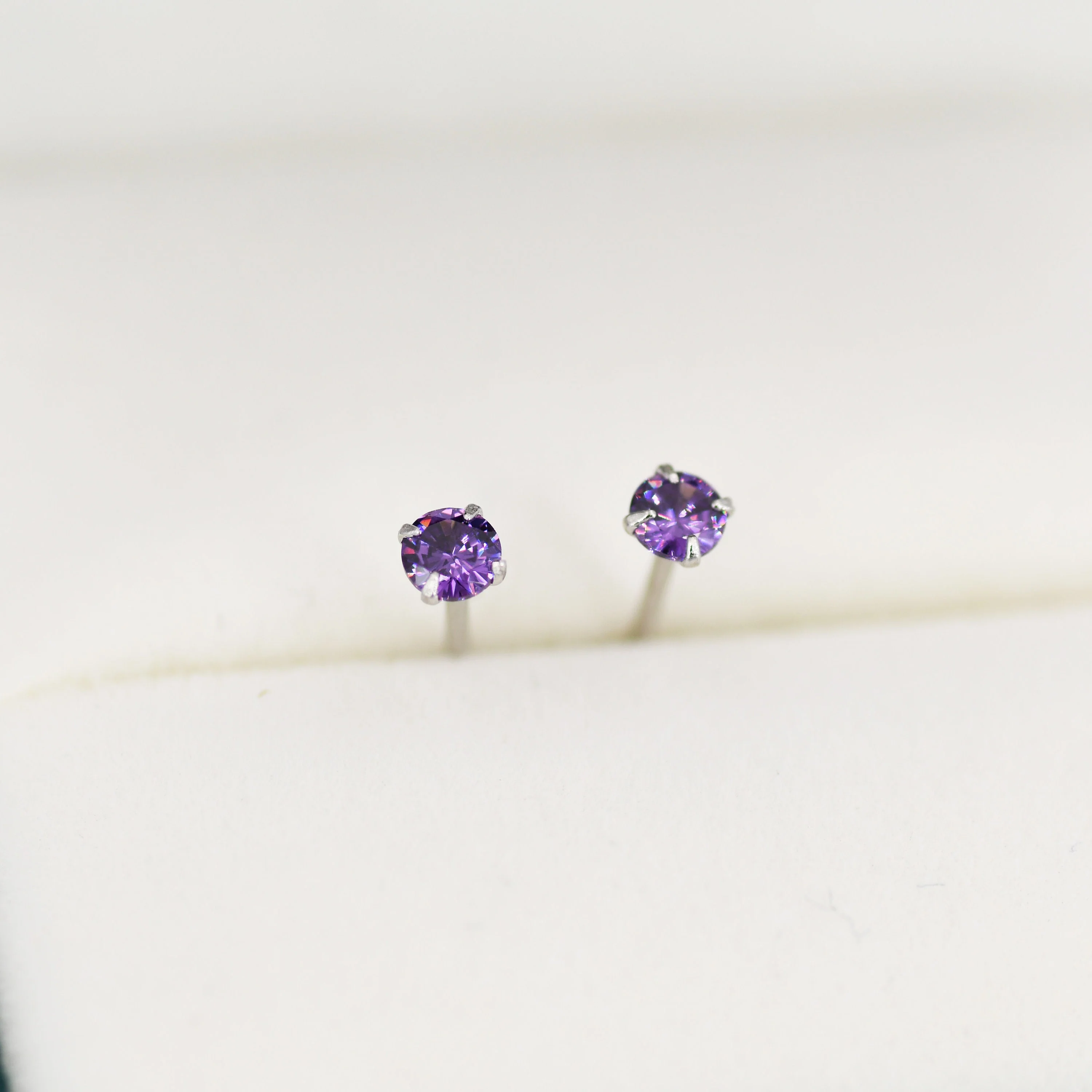 Sterling Silver February Birthstone Amethyst CZ Stud Earrings, Extra Tiny Purple Crystal Stud, 3mm Birthstone CZ Earrings - Image 5