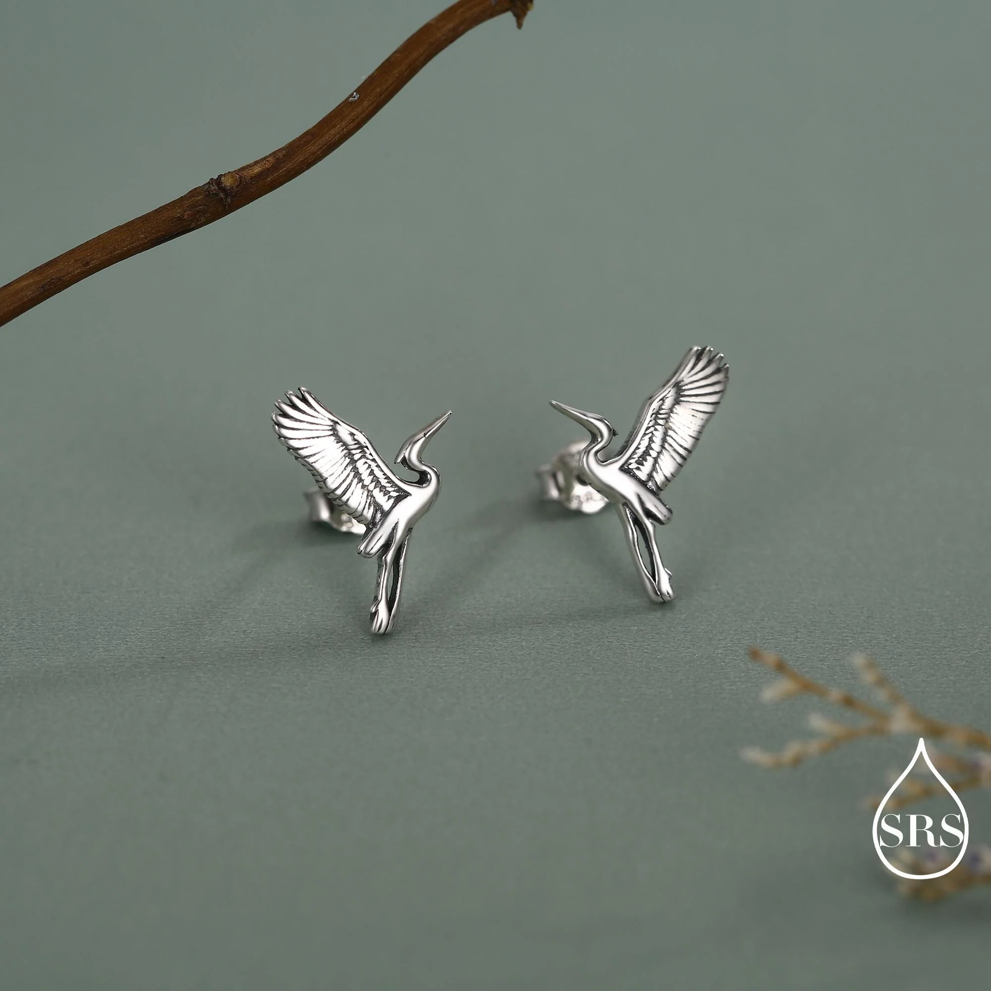 Sterling Silver Flying Heron / Crane Bird Stud Earrings, Silver, Gold or Rose Gold Finish, Animal Lover, Nature Inspired - Image 4
