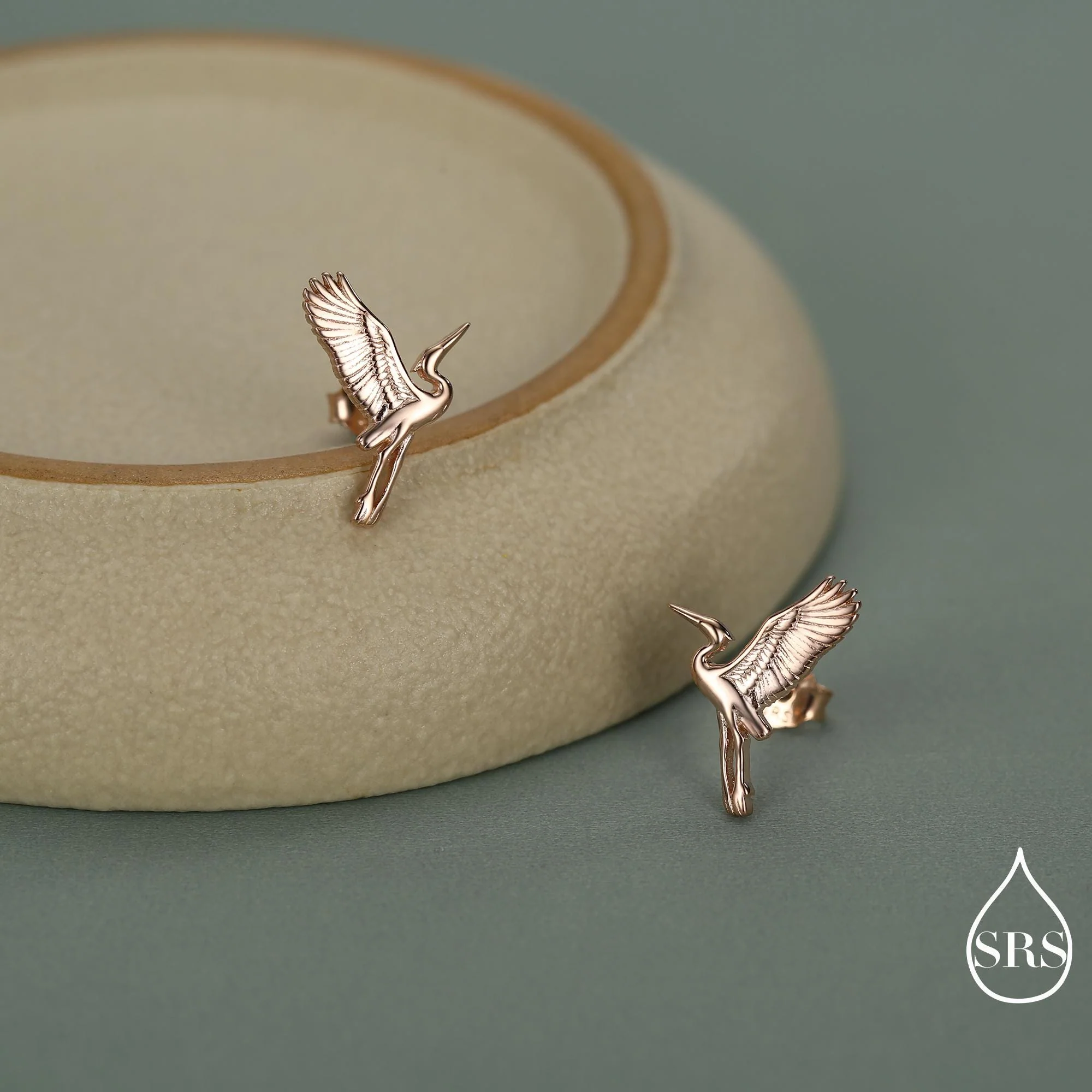 Sterling Silver Flying Heron / Crane Bird Stud Earrings, Silver, Gold or Rose Gold Finish, Animal Lover, Nature Inspired - Image 5