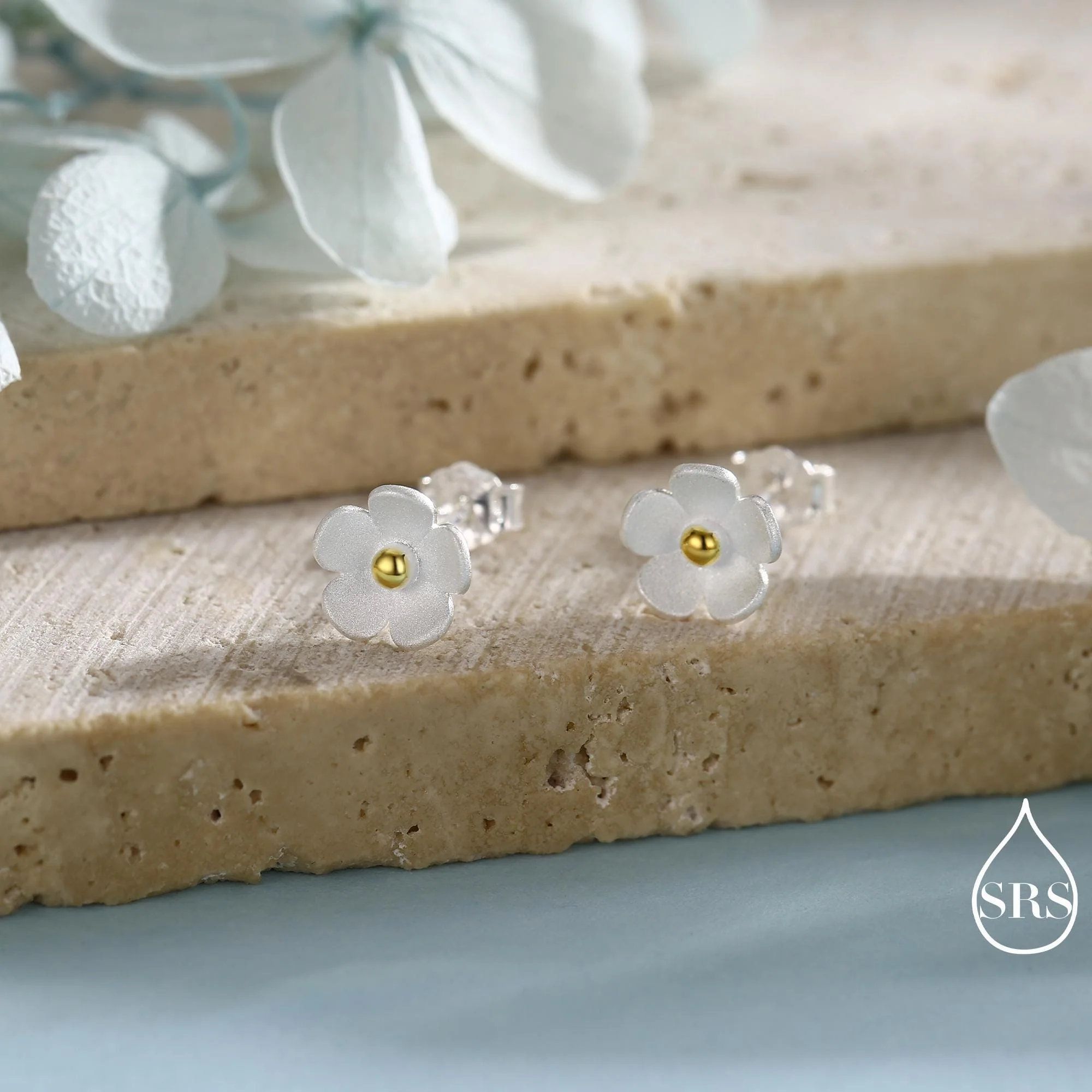 Sterling Silver Forget-me-not Flower Stud Earrings, Nature Inspired Blossom Earrings, Cute and Quirky - Image 4
