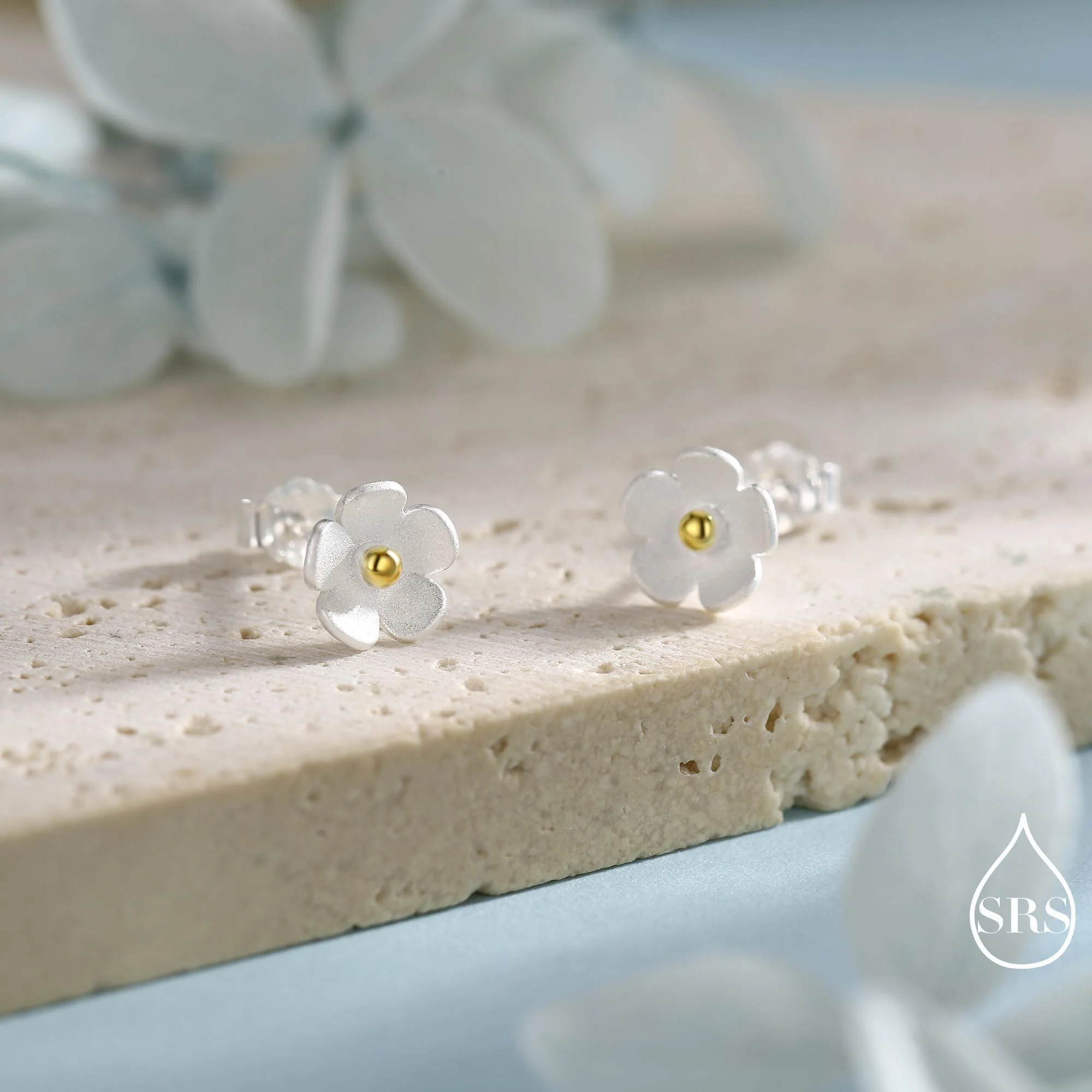 Sterling Silver Forget-me-not Flower Stud Earrings, Nature Inspired Blossom Earrings, Cute and Quirky - Image 5
