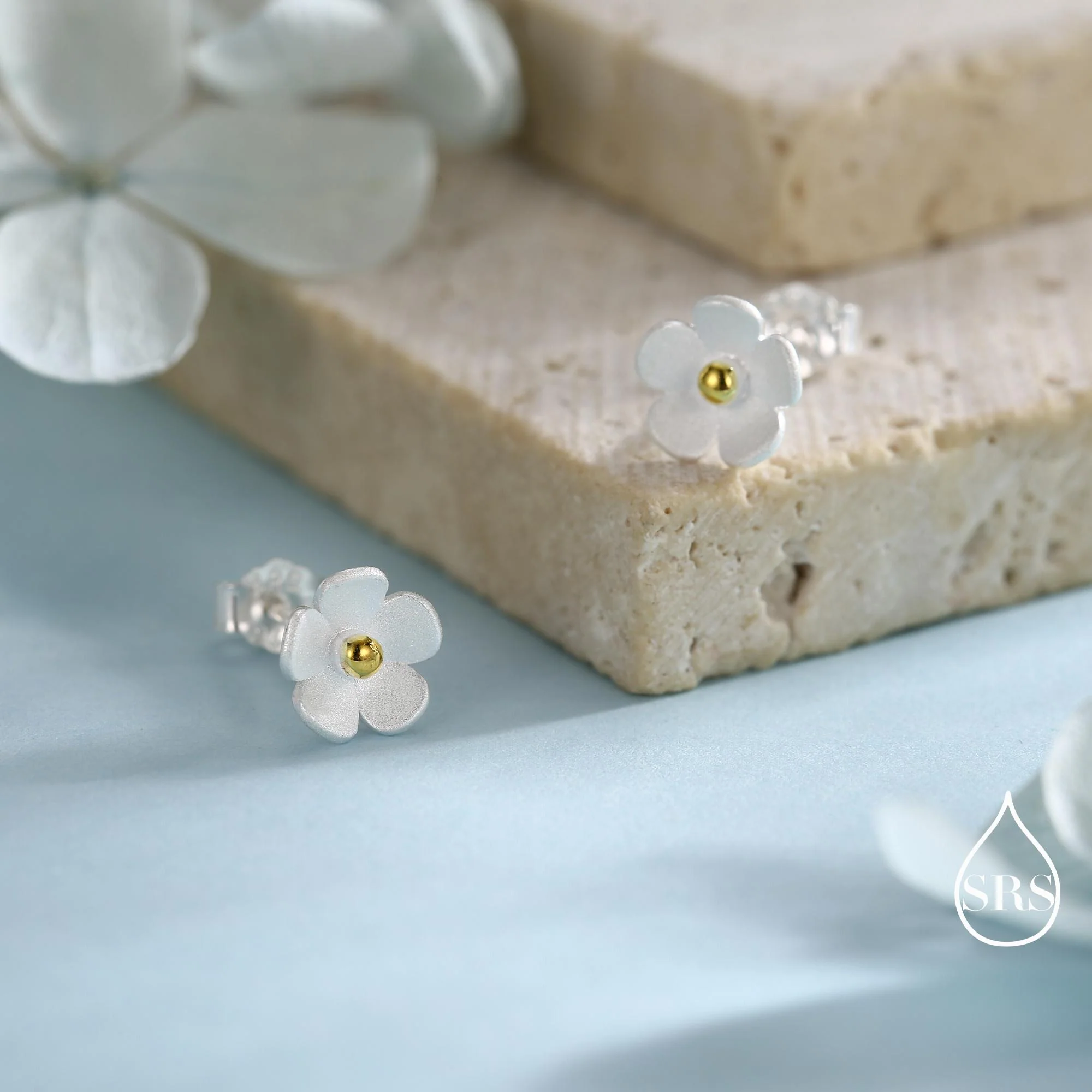 Sterling Silver Forget-me-not Flower Stud Earrings, Nature Inspired Blossom Earrings, Cute and Quirky - Image 6