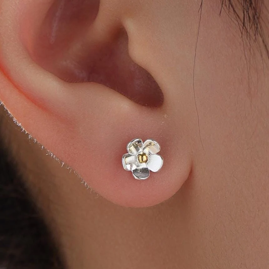 Sterling Silver Forget-me-not Flower Stud Earrings, Polished Finish, Nature Inspired Blossom Earrings, Cute and Quirky - Image 6