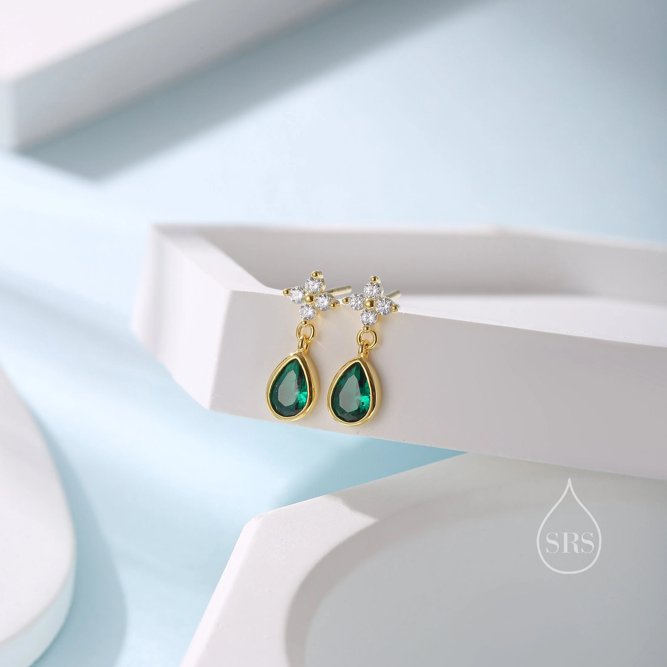 Sterling Silver Four CZ and Droplet Stud Earrings, Silver or Gold, Hydrangea CZ Earrings with Dangle Dropet - Image 3