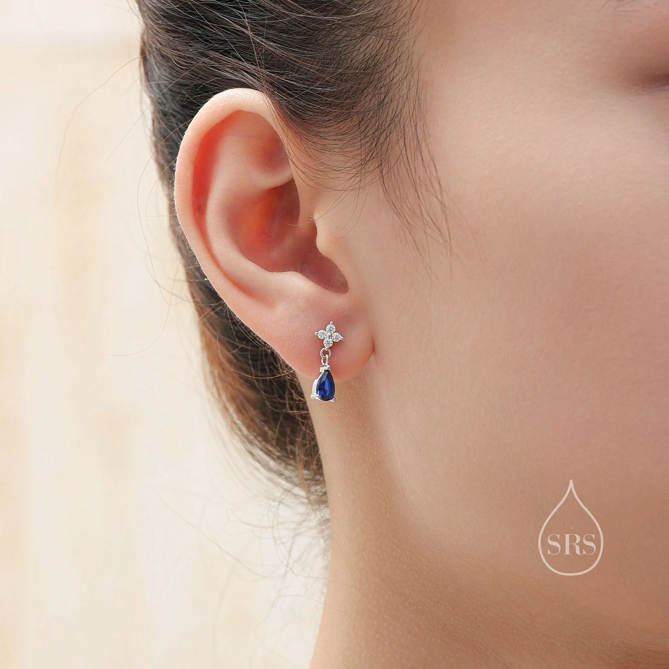 Sterling Silver Four CZ and Droplet Stud Earrings, Silver or Gold, Hydrangea CZ Earrings with Pong Set Dangle Dropet - Image 2
