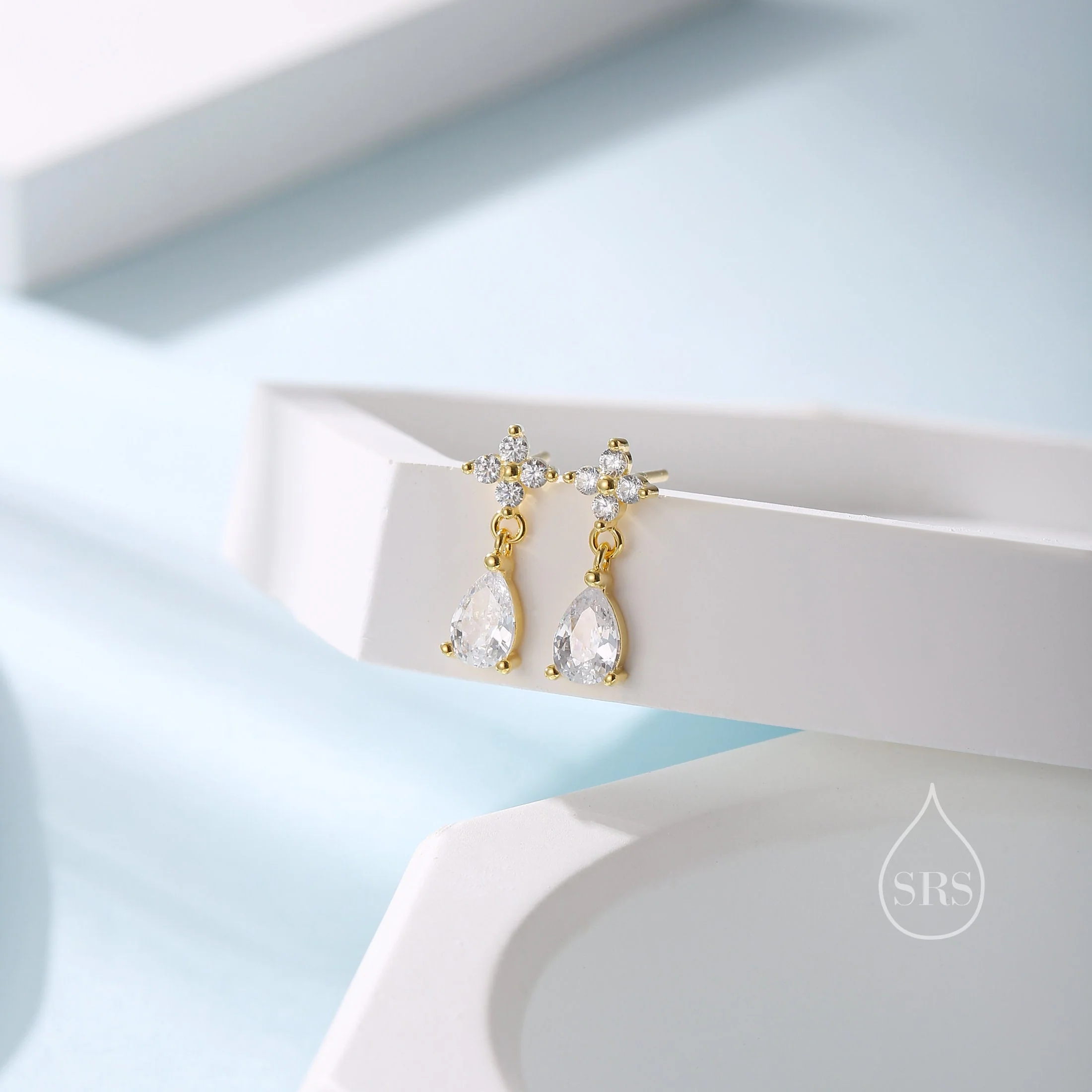 Sterling Silver Four CZ and Droplet Stud Earrings, Silver or Gold, Hydrangea CZ Earrings with Pong Set Dangle Dropet - Image 3