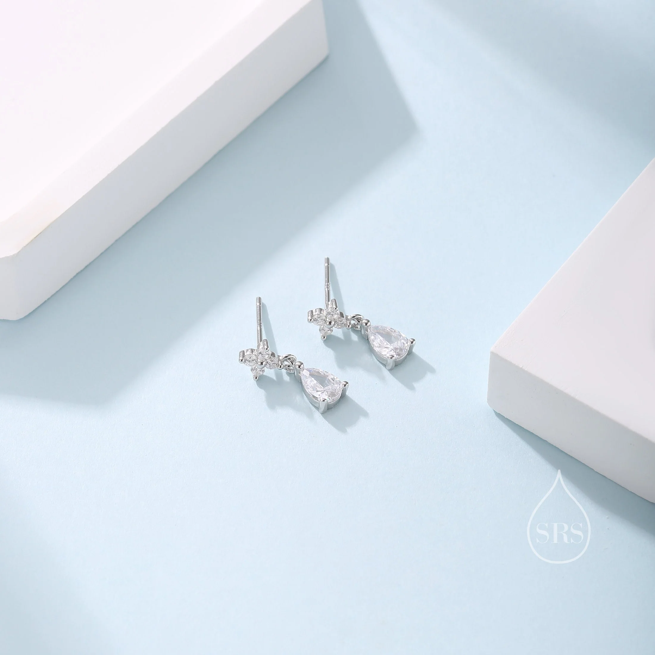 Sterling Silver Four CZ and Droplet Stud Earrings, Silver or Gold, Hydrangea CZ Earrings with Pong Set Dangle Dropet - Image 4
