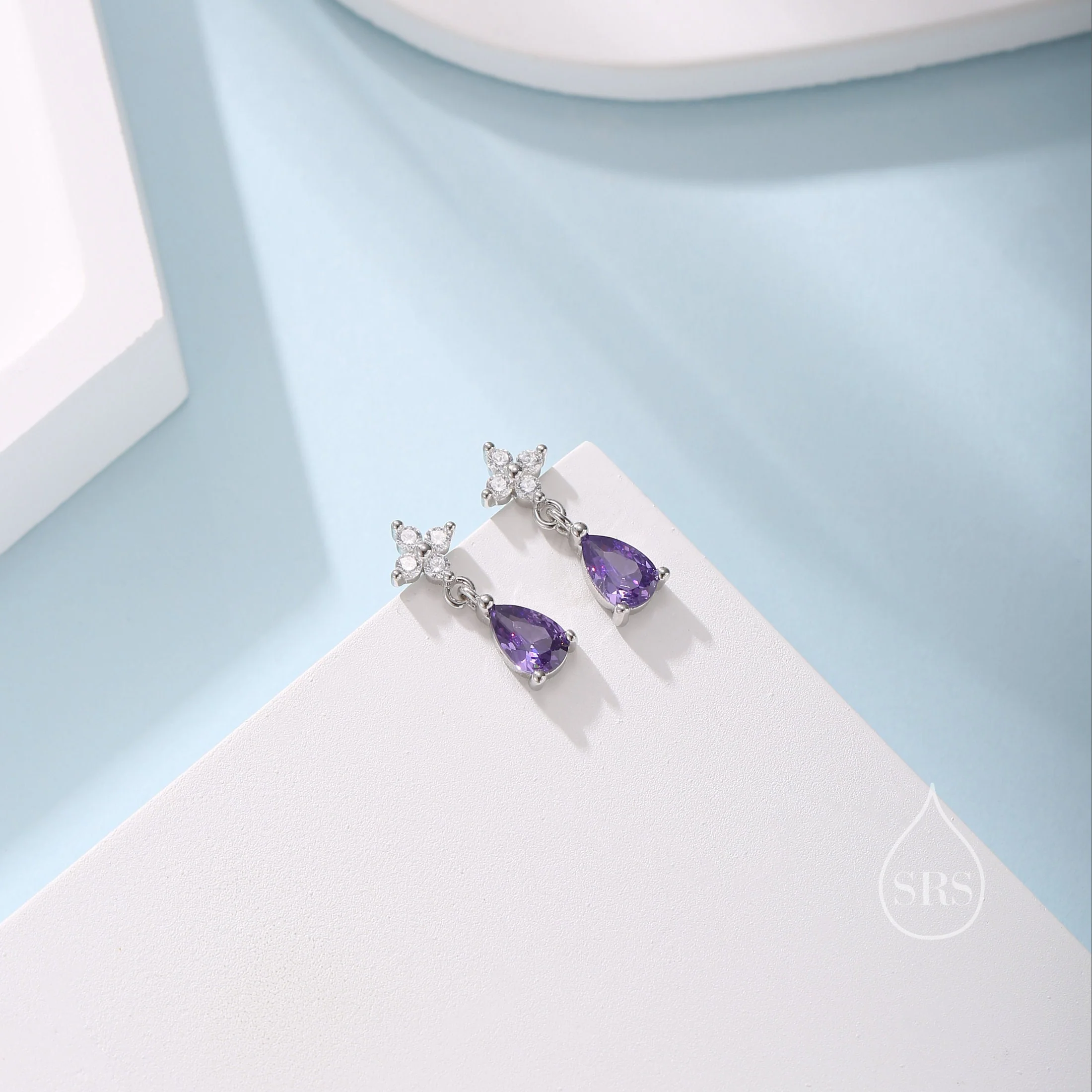 Sterling Silver Four CZ and Droplet Stud Earrings, Silver or Gold, Hydrangea CZ Earrings with Pong Set Dangle Dropet - Image 6
