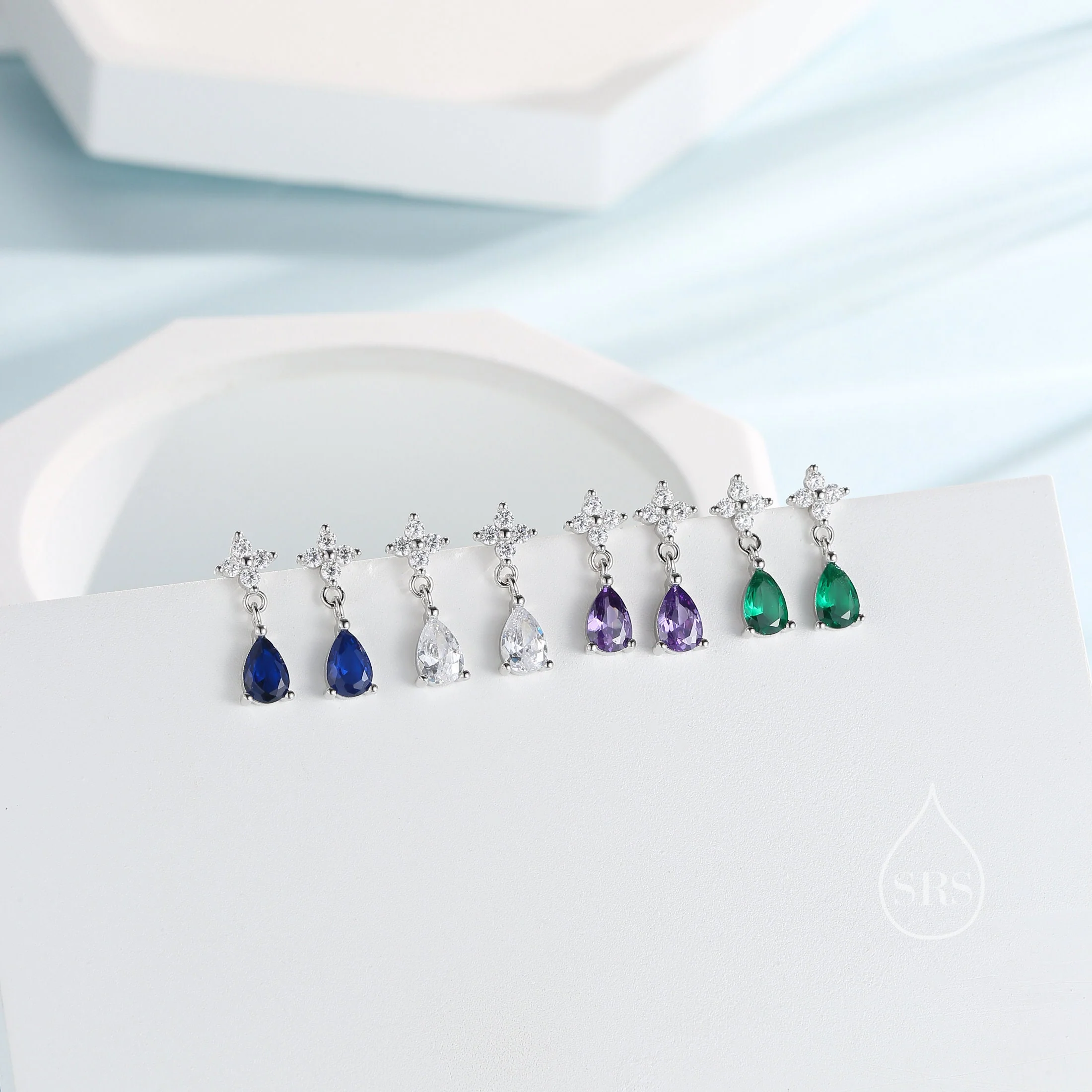 Sterling Silver Four CZ and Droplet Stud Earrings, Silver or Gold, Hydrangea CZ Earrings with Pong Set Dangle Dropet - Image 8