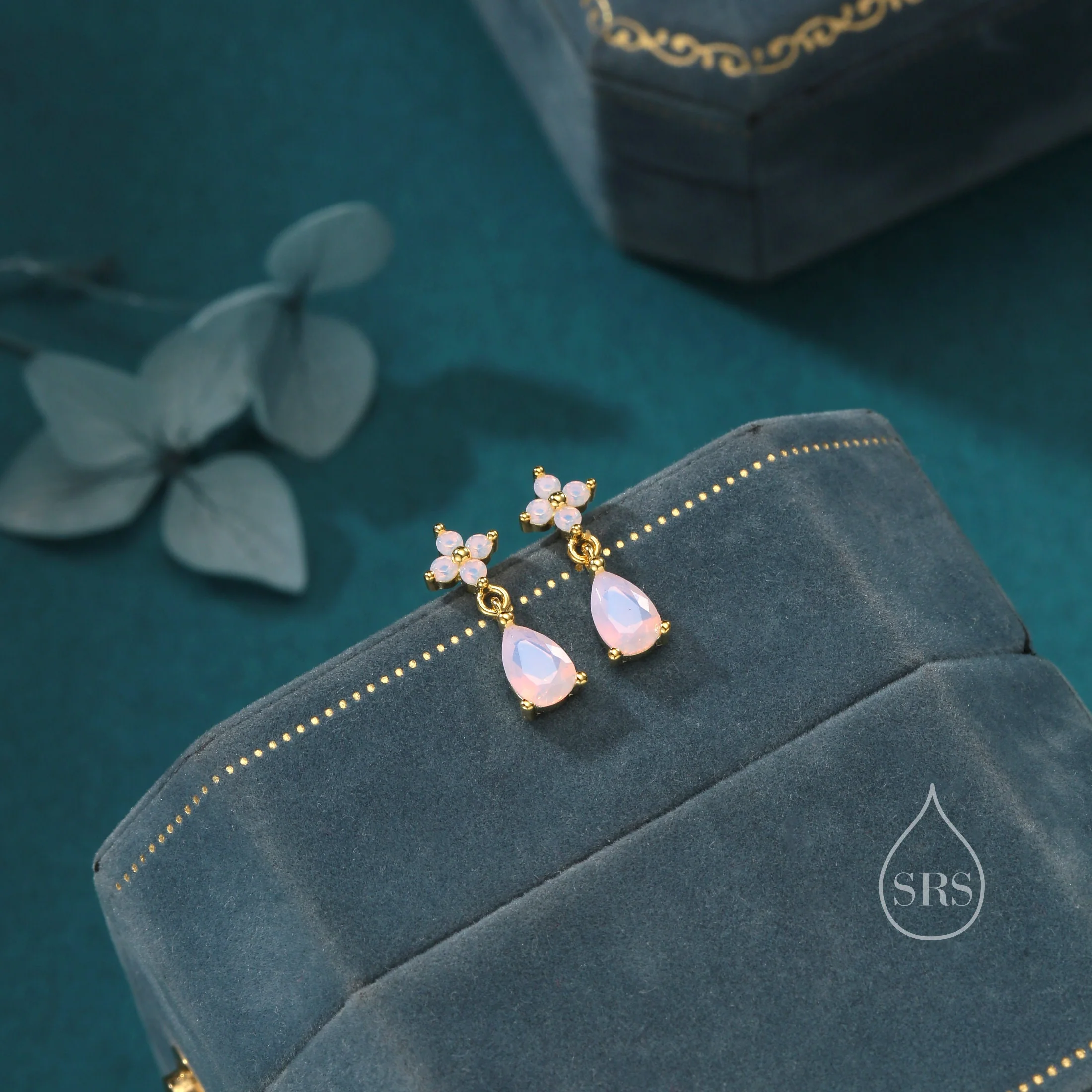 Sterling Silver Four CZ and Droplet Stud Earrings with Opal Pink CZs, Silver or Gold, Hydrangea CZ Earrings with Pong Set Dangle Dropet - Image 4