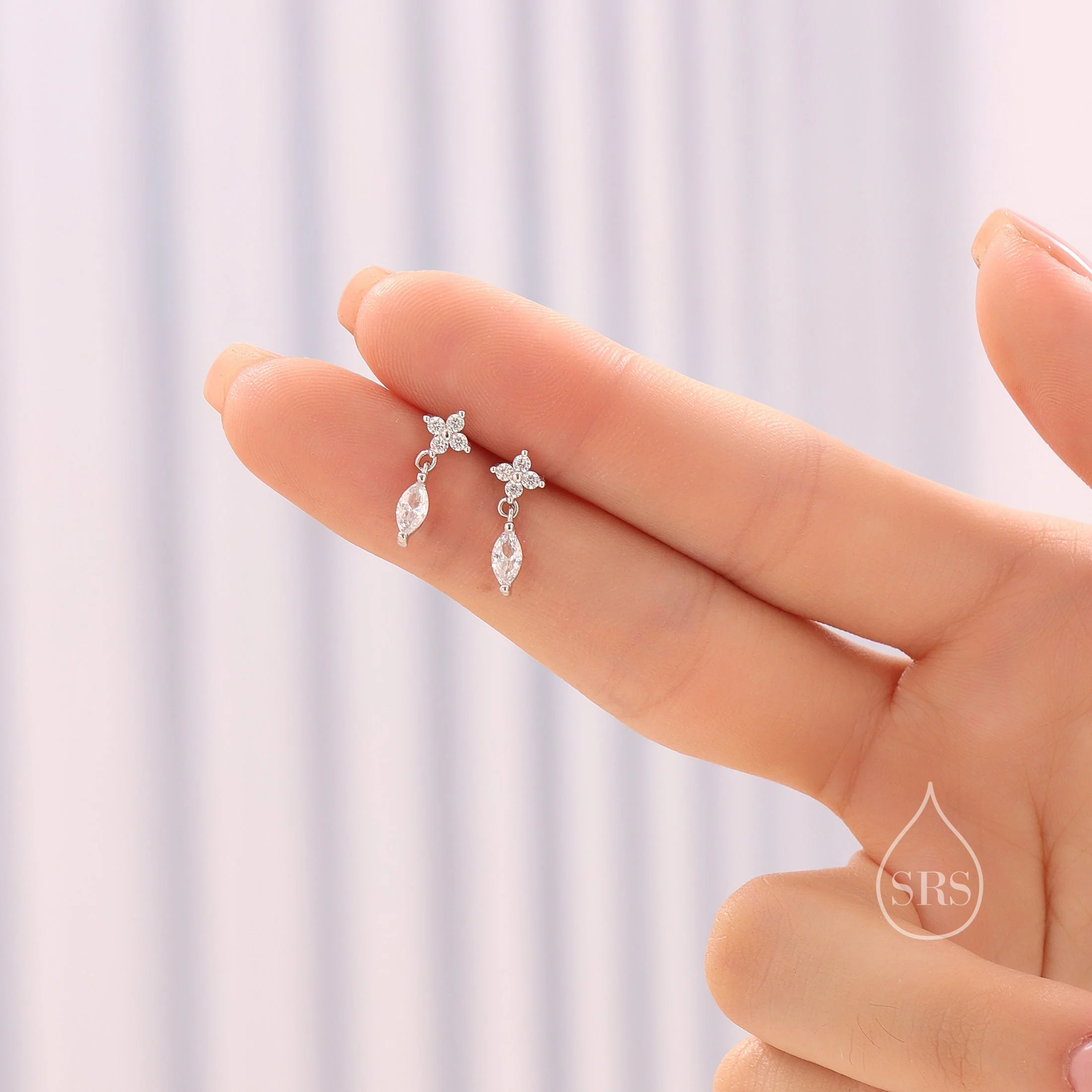 Sterling Silver Four CZ and Marquise Stud Earrings,  Hydrangea CZ Earrings, CZ Dangle Stud Earrings, Silver or Gold, Available in 4 Colours - Image 7