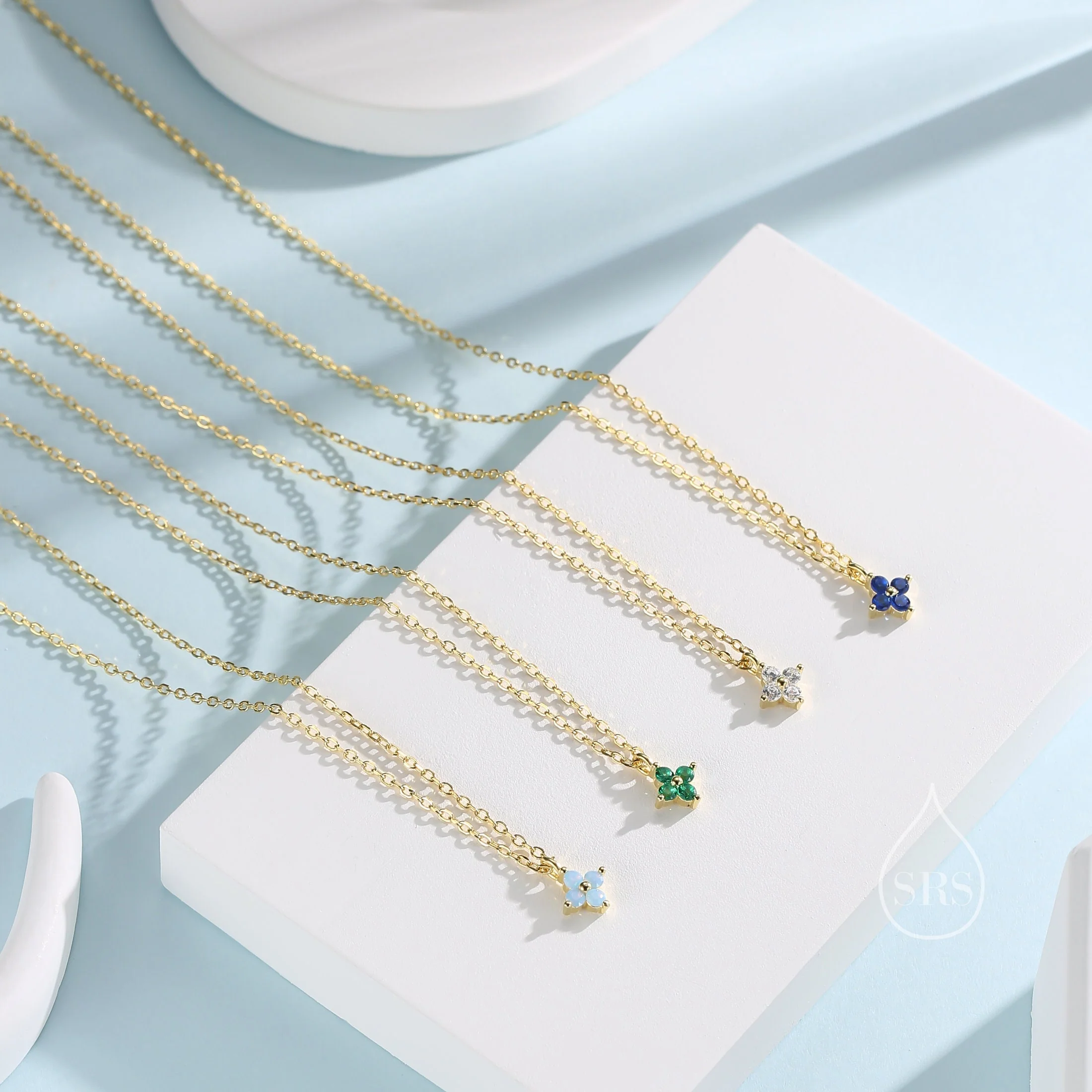 Sterling Silver Four CZ Hydrangea Flower Pendant Necklace, Silver or Gold, Tiny CZ Necklace - Image 3
