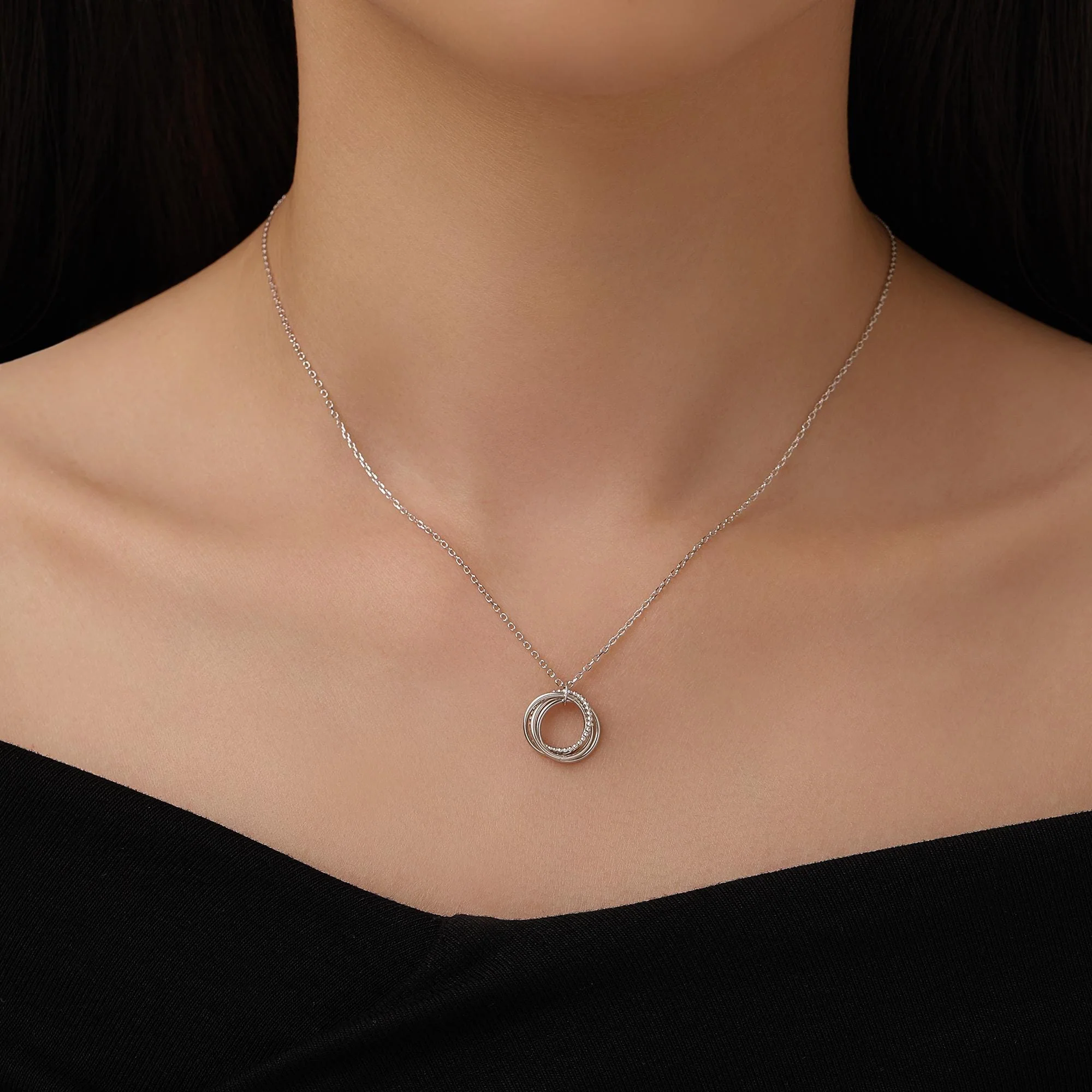 Sterling Silver Four Interlocking Circles Pendant Necklace with Dotted Details, Four Entwined Rings for 40s, 40th Infinity Necklace - Image 2