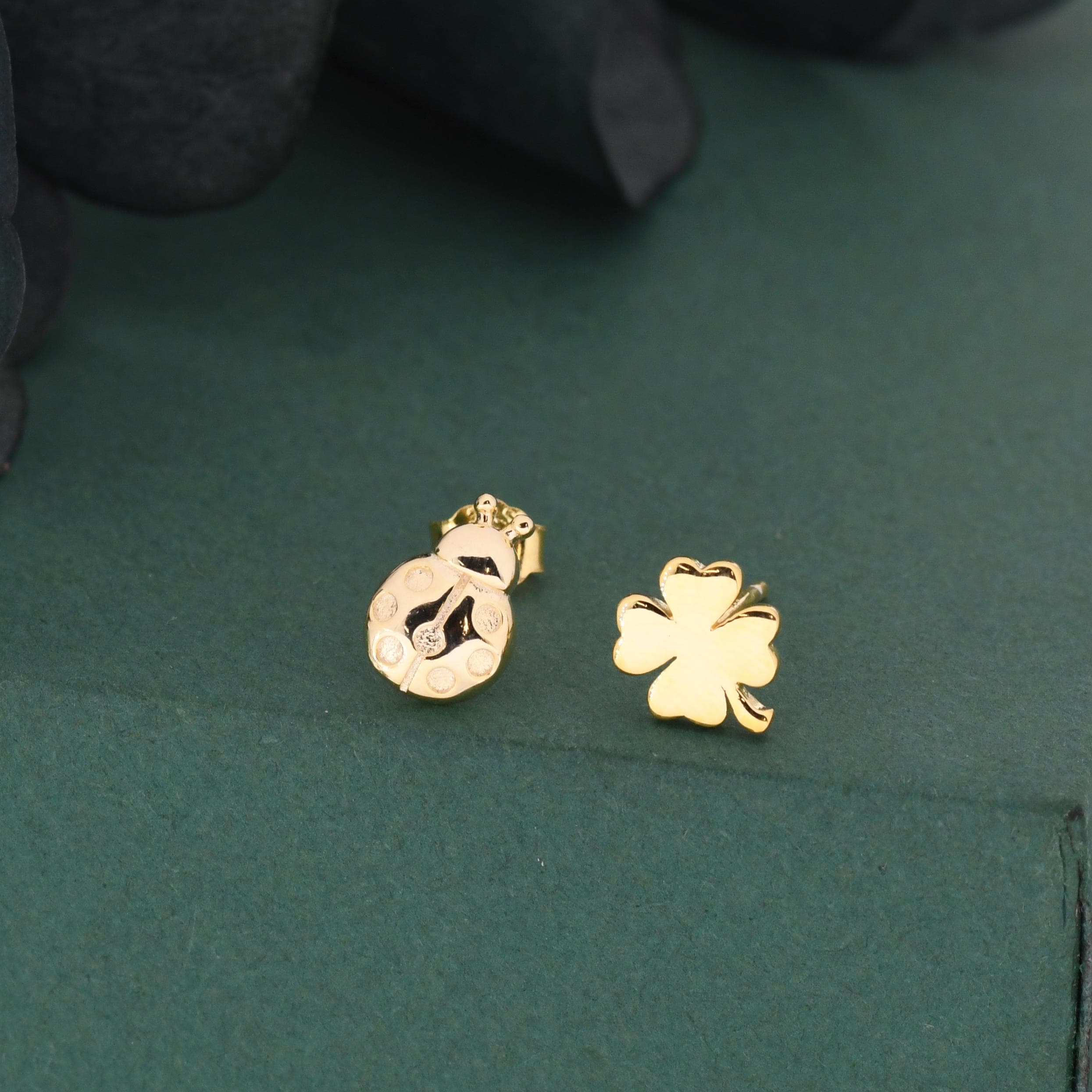 Sterling Silver Four-Leaf Clover & Ladybird Stud Earrings – Good Luck Mismatched Earrings, Minimalist Nature Jewellery, Gift for Her - Image 4