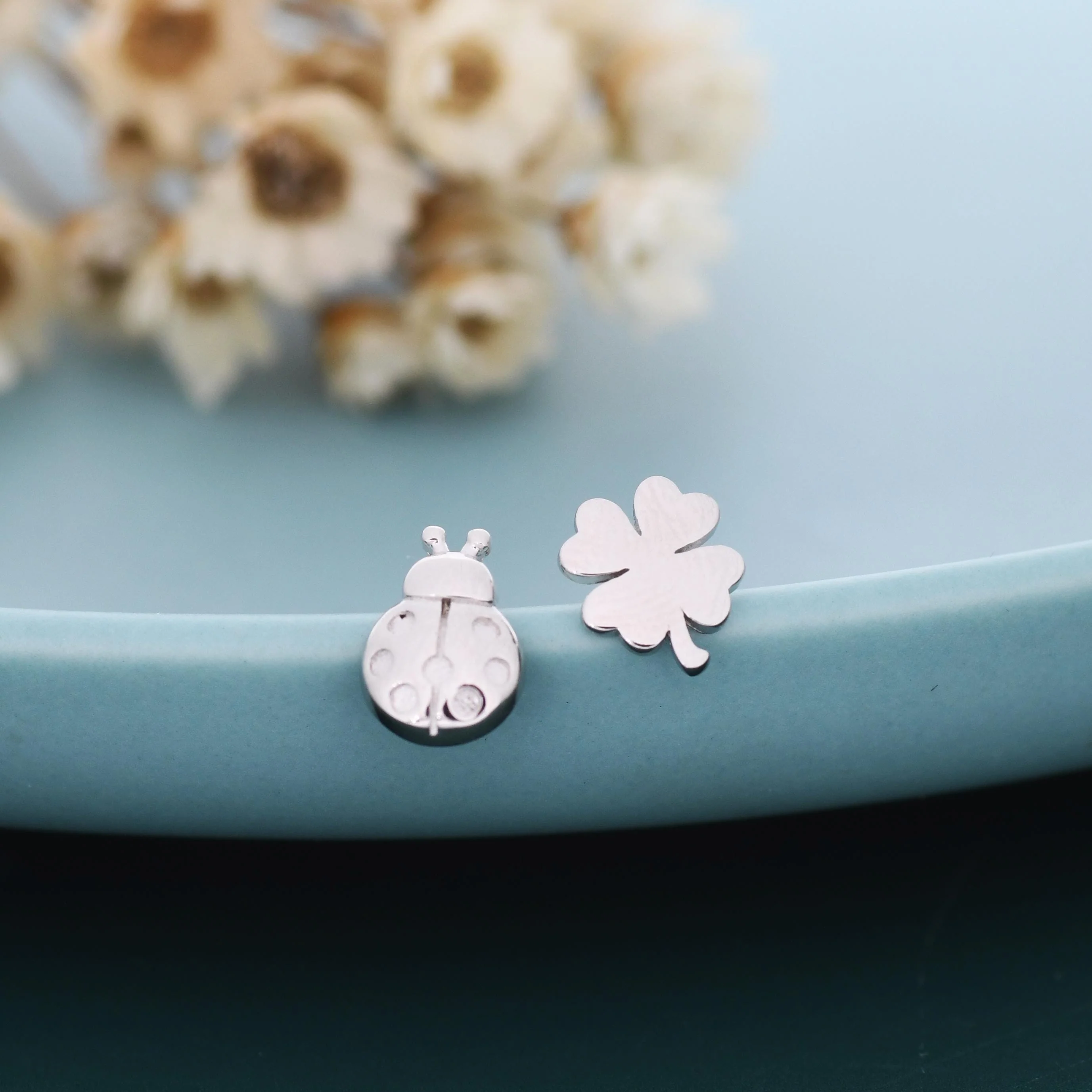 Sterling Silver Four-Leaf Clover & Ladybird Stud Earrings – Good Luck Mismatched Earrings, Minimalist Nature Jewellery, Gift for Her - Image 6