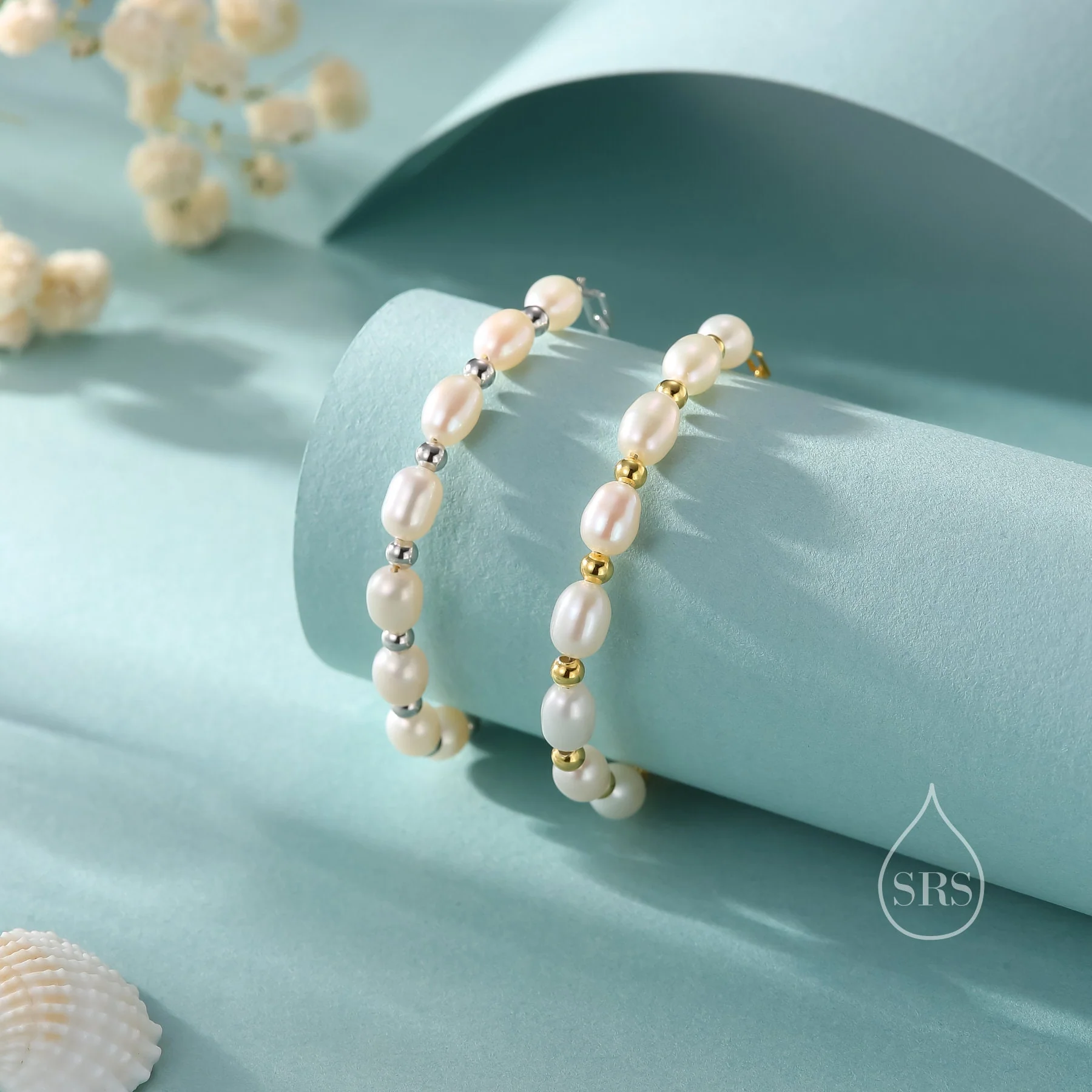 Sterling Silver Freshwater Pearl and Paperclip Beaded Bracelet, Silver or Gold, Genuine Pearls, Natural Pearl Bracelet, Ivory Oval Pearls - Image 3