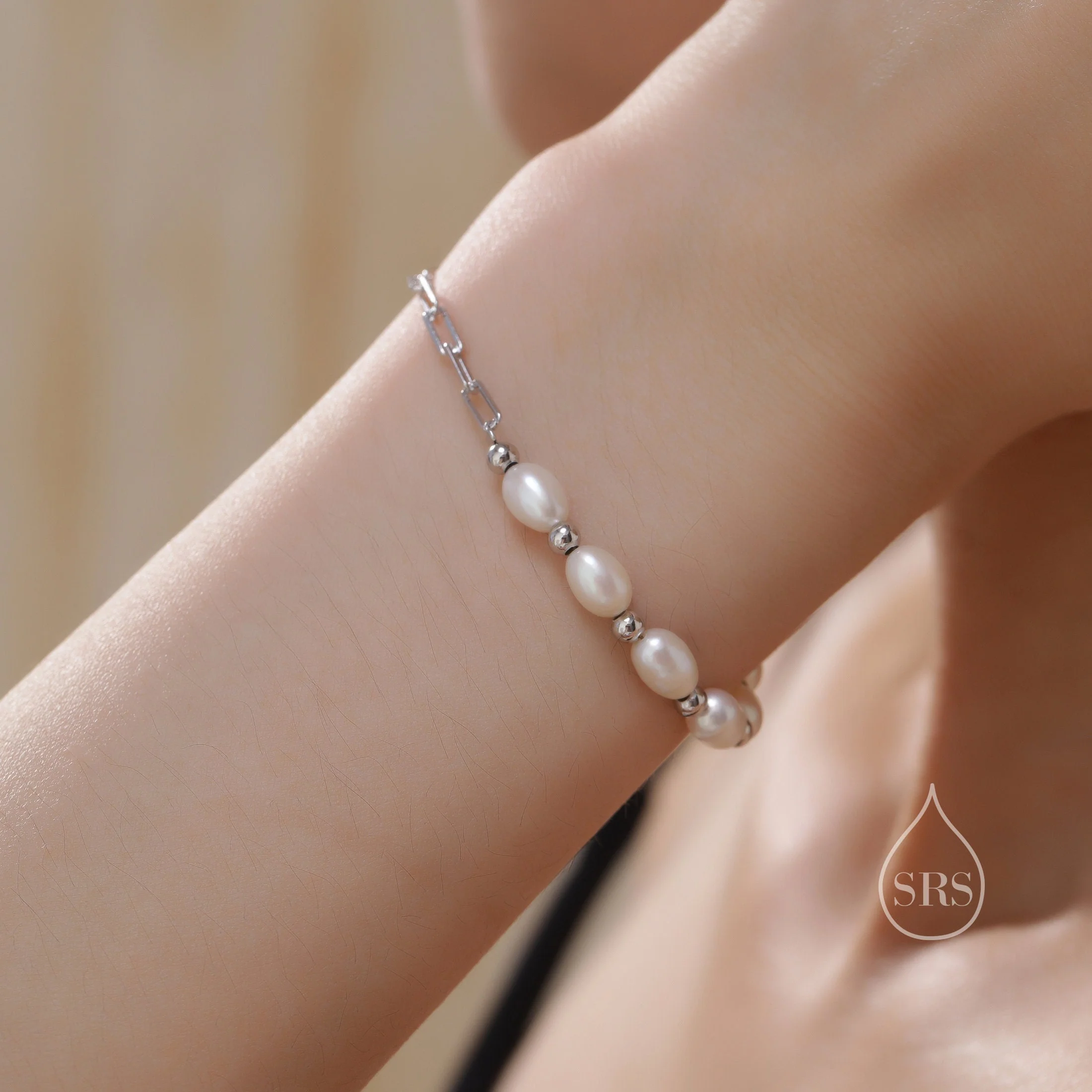 Sterling Silver Freshwater Pearl and Paperclip Beaded Bracelet, Silver or Gold, Genuine Pearls, Natural Pearl Bracelet, Ivory Oval Pearls - Image 6
