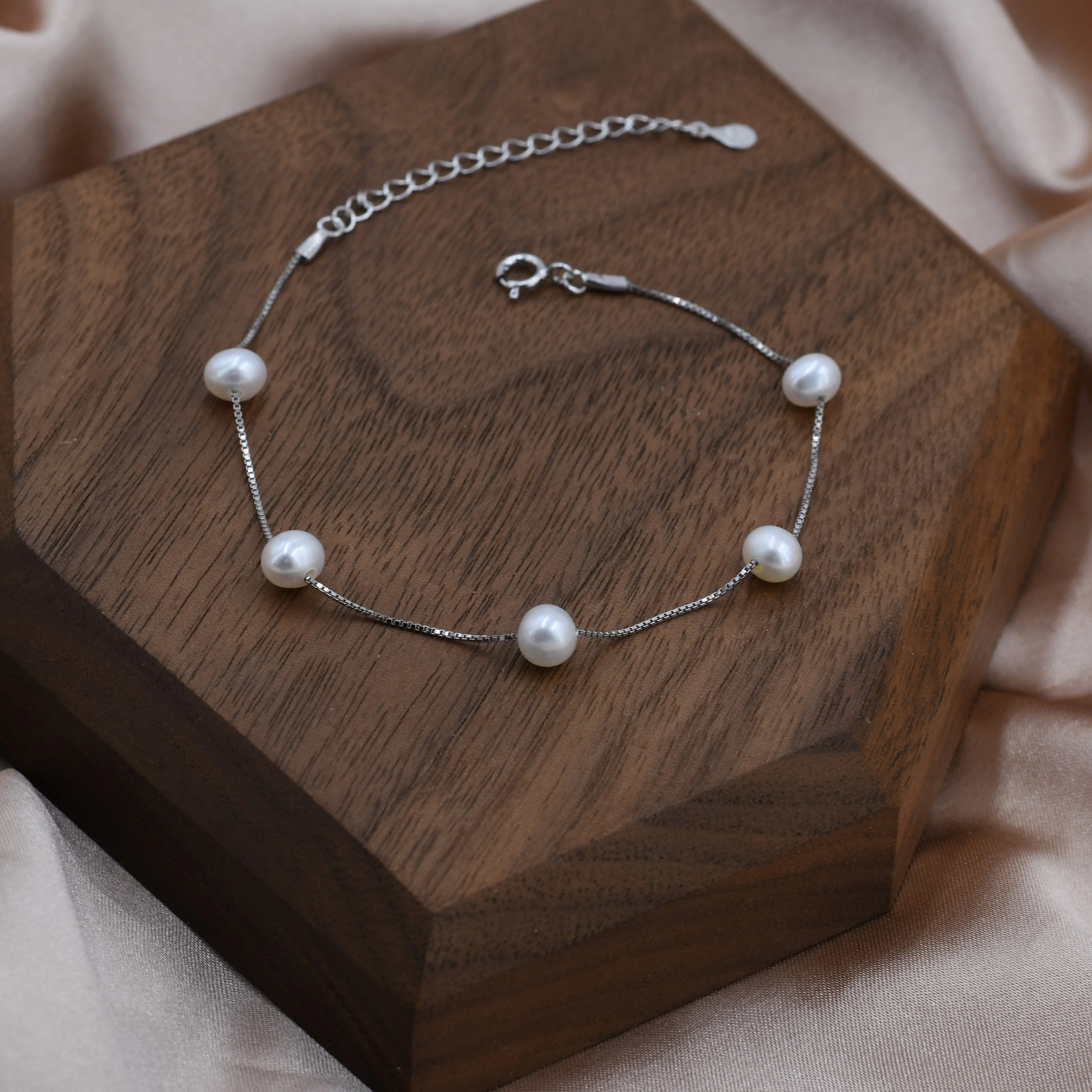 Sterling Silver Freshwater Pearl Bracelet, Silver or Gold, Genuine Fresh Water Pearls, Natural Pearl Bracelet, Ivory Pearls, Five Pearl - Image 2