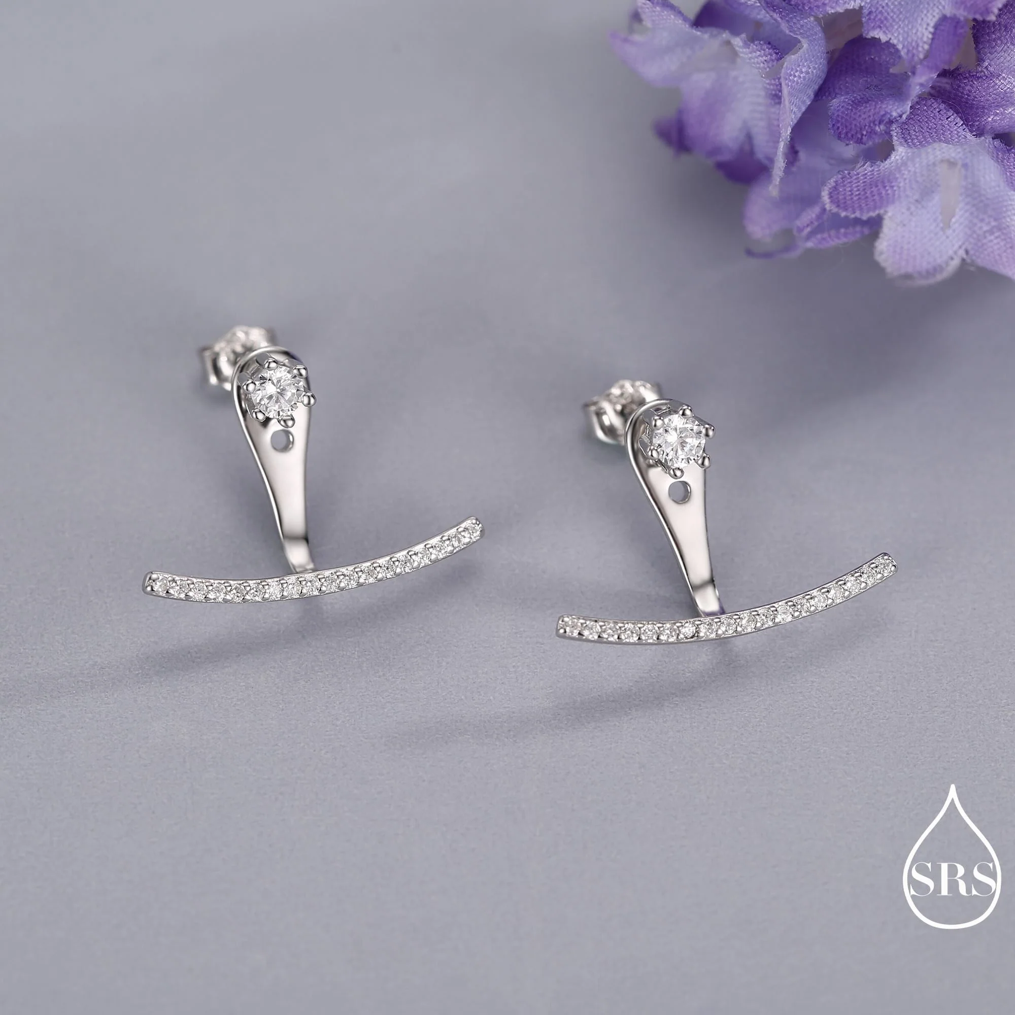 Sterling Silver Front and Back Stud Earrings Ear Jackets with Sparkly Crystals, Curved Bar Crawler Jacket Earrings - Image 3