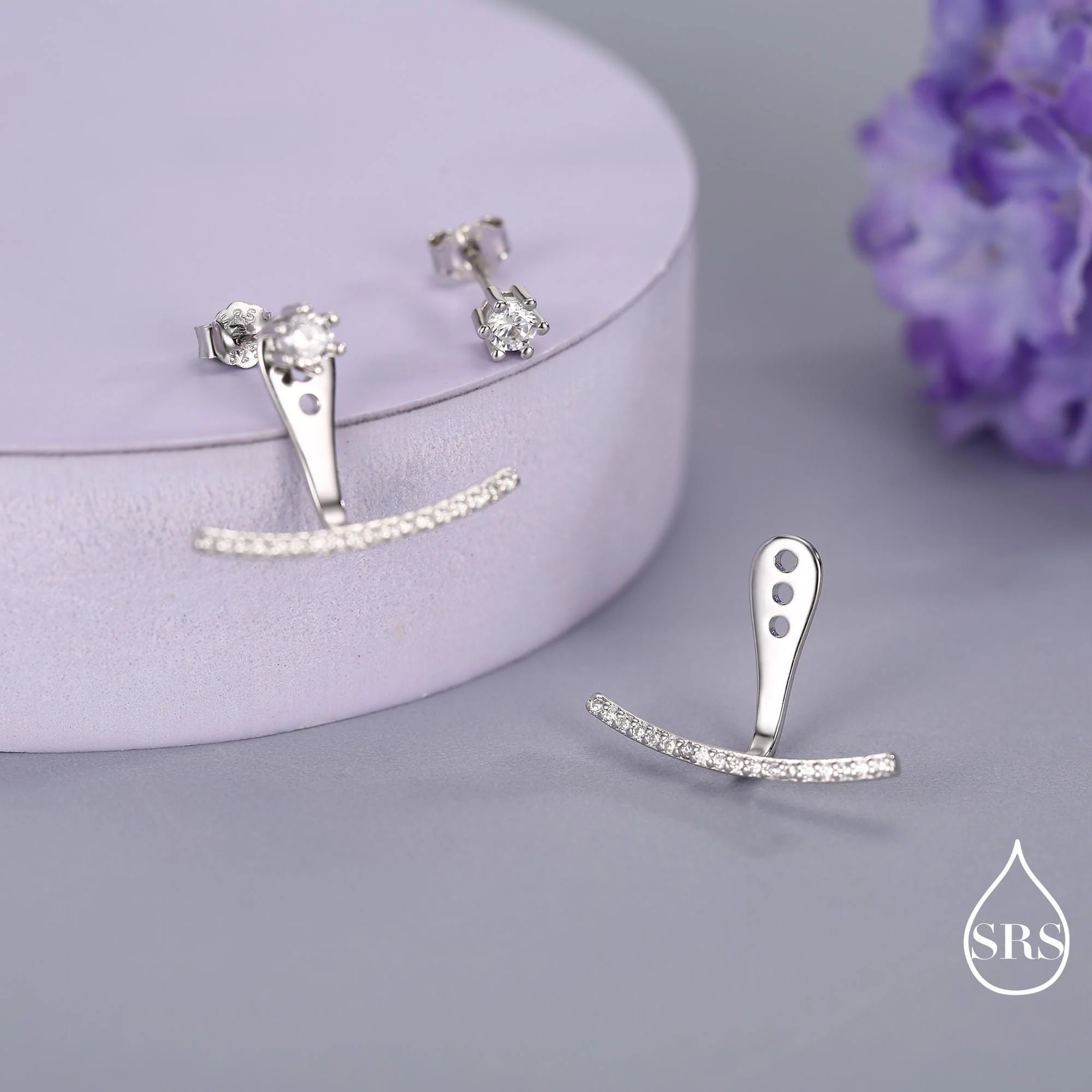 Sterling Silver Front and Back Stud Earrings Ear Jackets with Sparkly Crystals, Curved Bar Crawler Jacket Earrings - Image 4