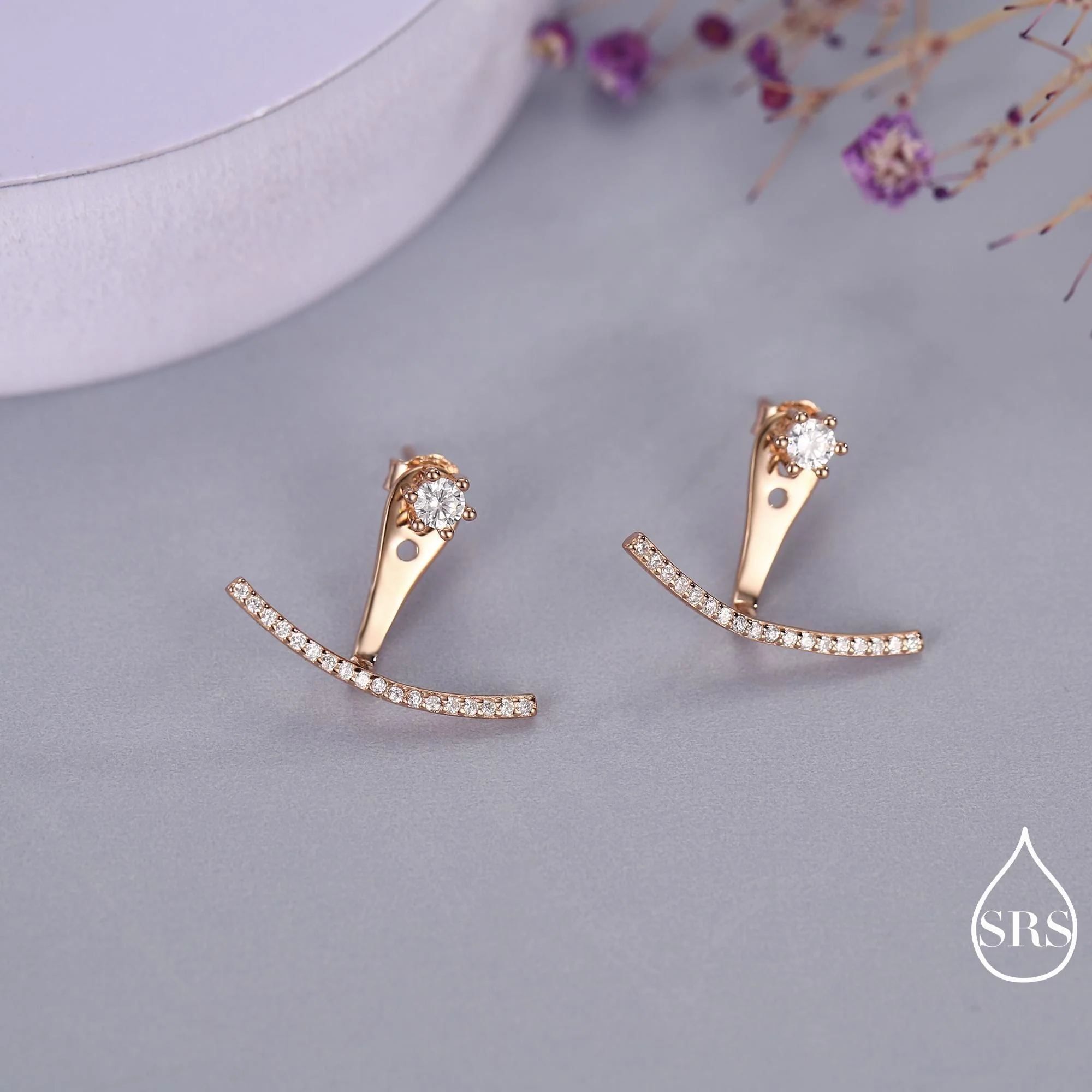 Sterling Silver Front and Back Stud Earrings Ear Jackets with Sparkly Crystals, Curved Bar Crawler Jacket Earrings - Image 5