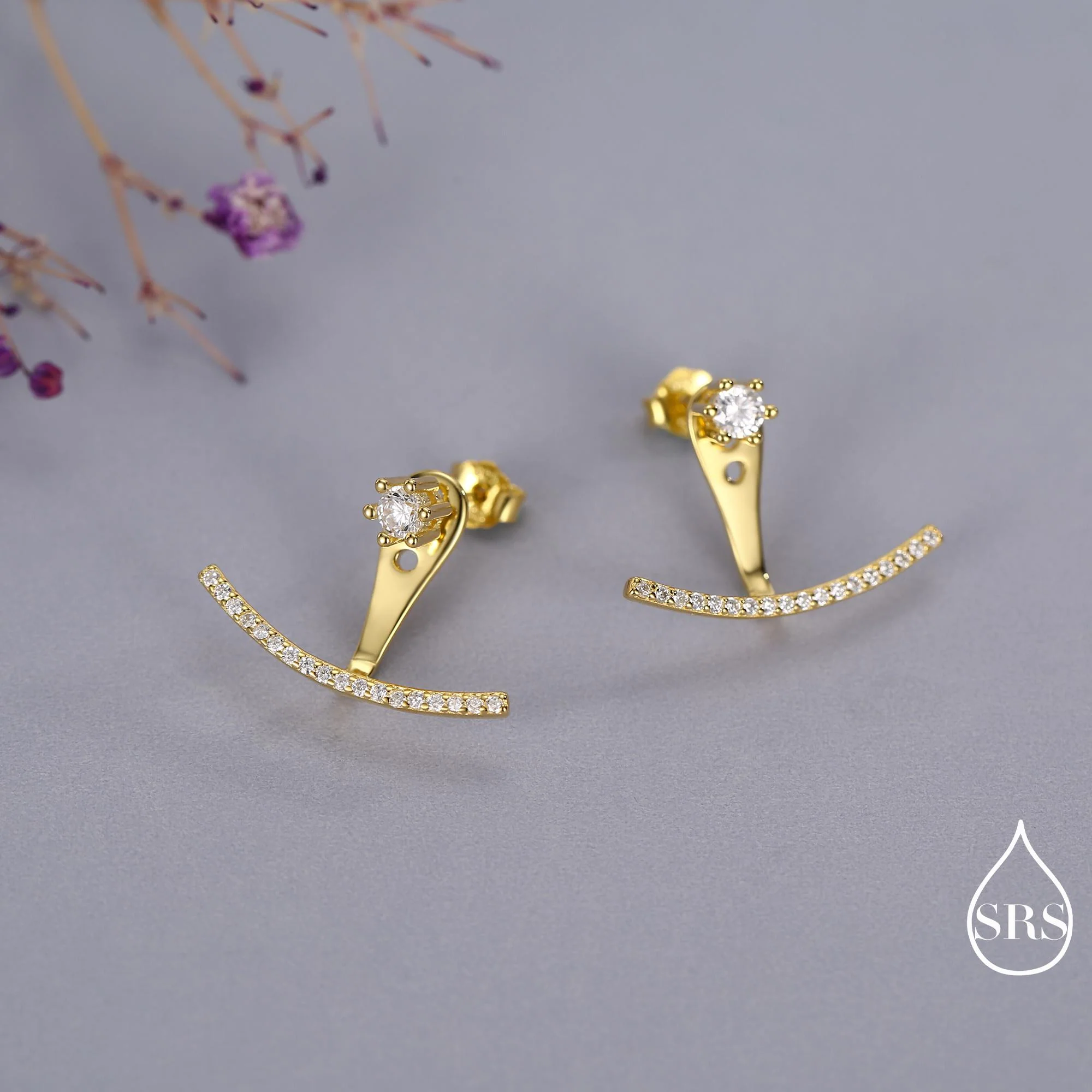 Sterling Silver Front and Back Stud Earrings Ear Jackets with Sparkly Crystals, Curved Bar Crawler Jacket Earrings - Image 6