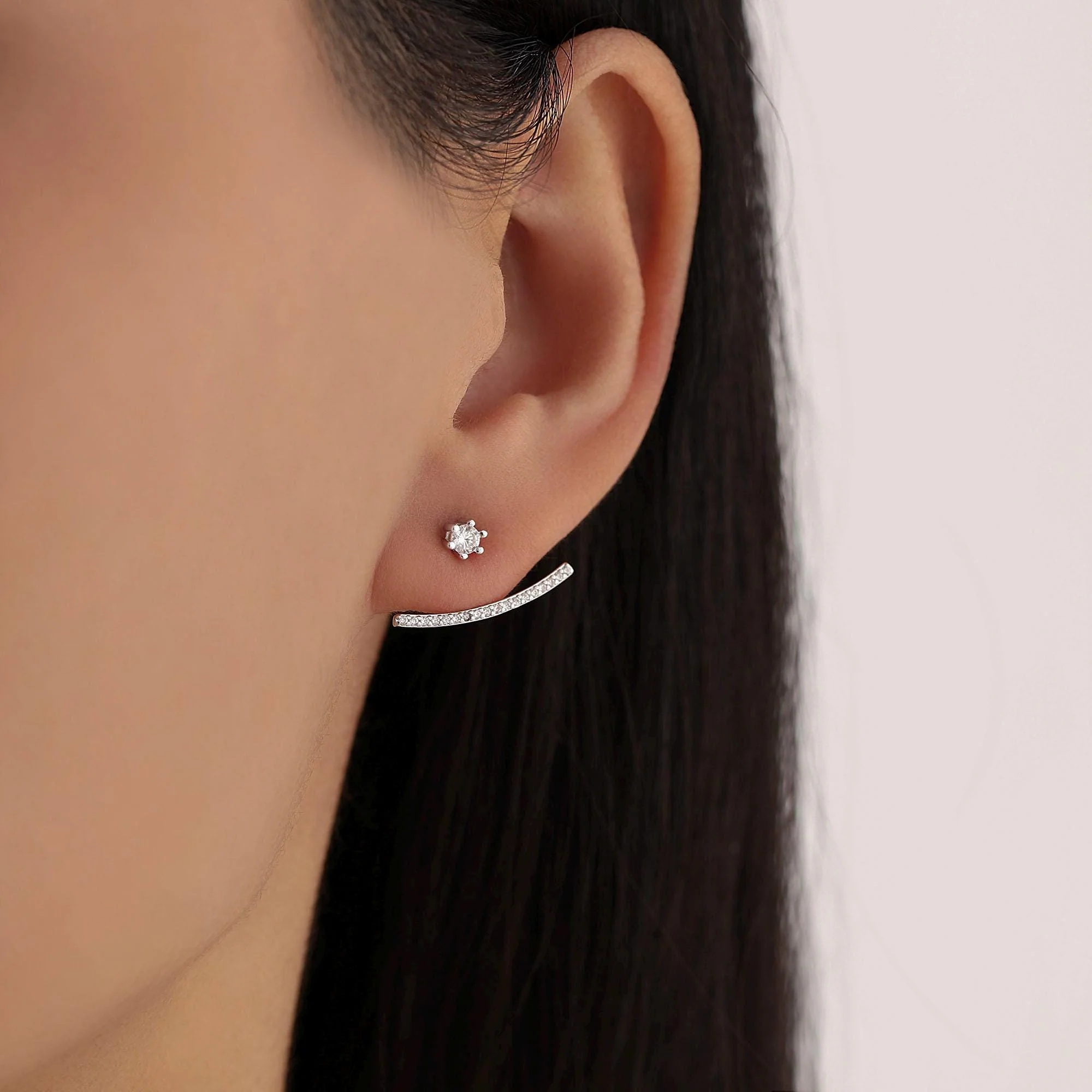 Sterling Silver Front and Back Stud Earrings Ear Jackets with Sparkly Crystals, Curved Bar Crawler Jacket Earrings - Image 8
