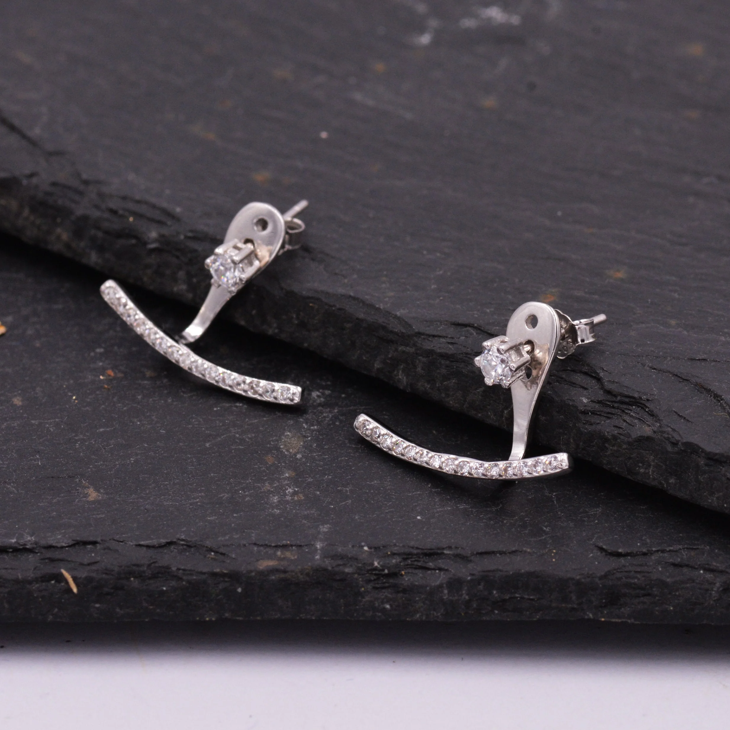 Sterling Silver Front and Back Stud Earrings Ear Jackets with Sparkly Crystals, Curved Bar Crawler Jacket Earrings - Image 9