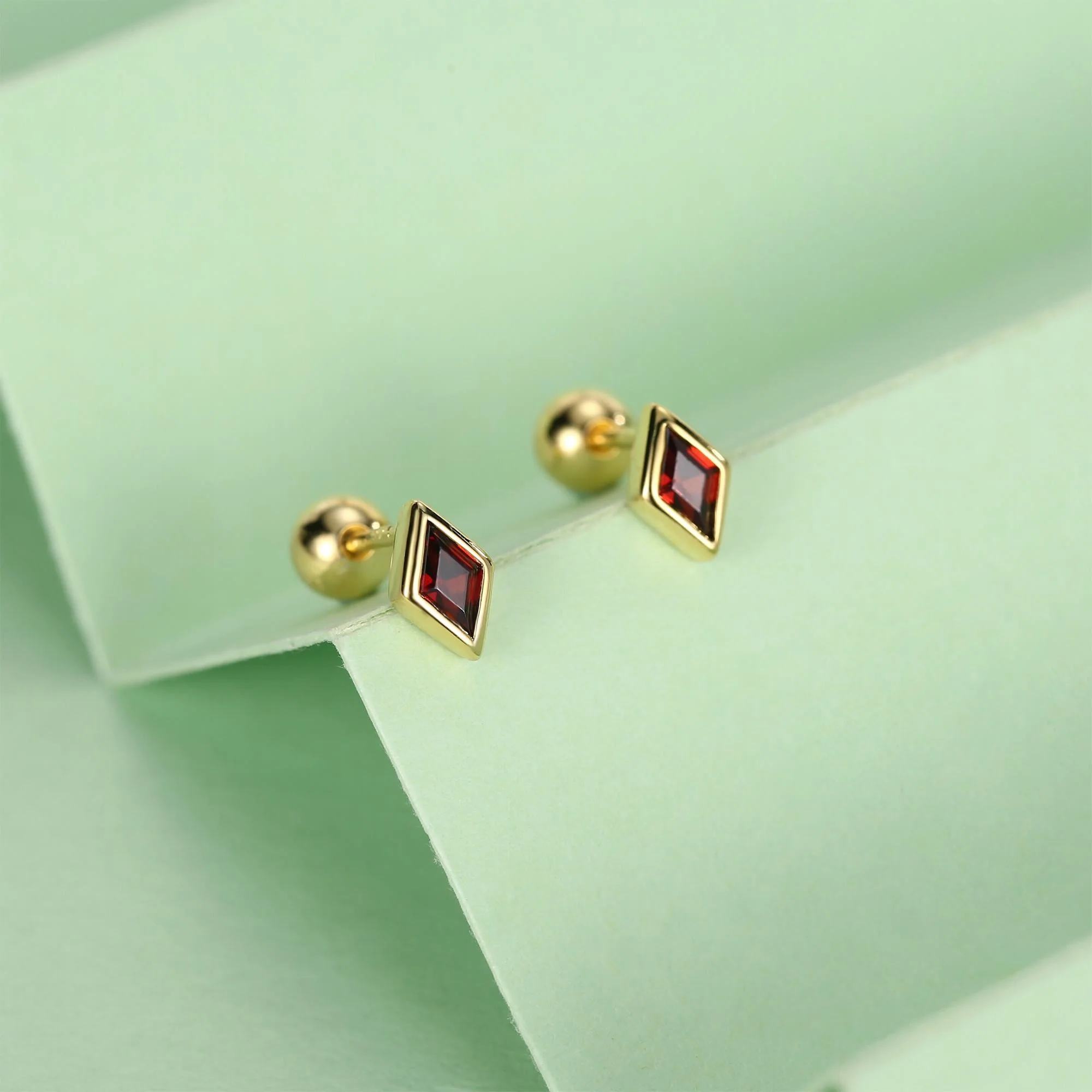Sterling Silver Garnet Red CZ 18G Screw Back Rhombus Stud Earrings with Ball Backs - Image 3