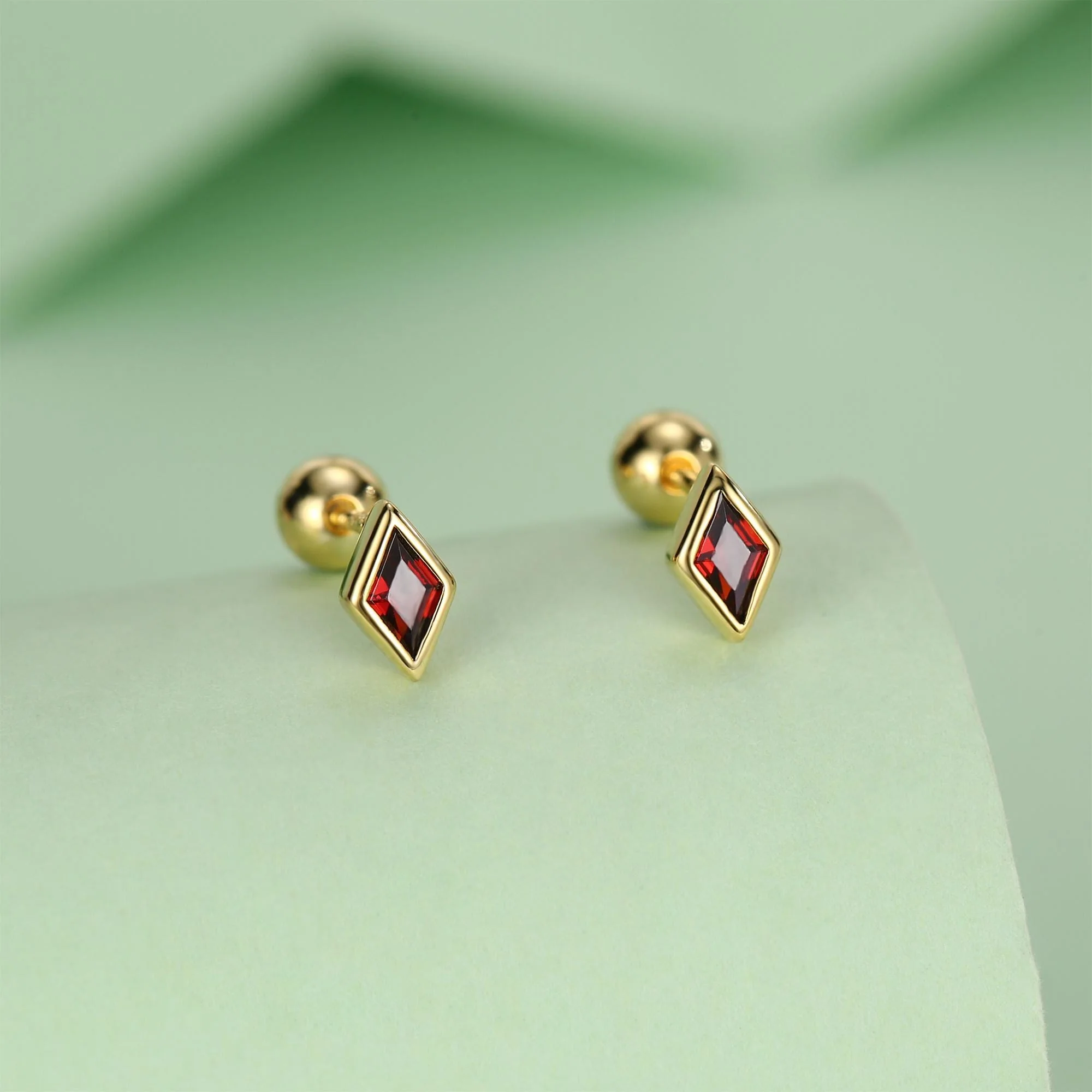 Sterling Silver Garnet Red CZ 18G Screw Back Rhombus Stud Earrings with Ball Backs - Image 7