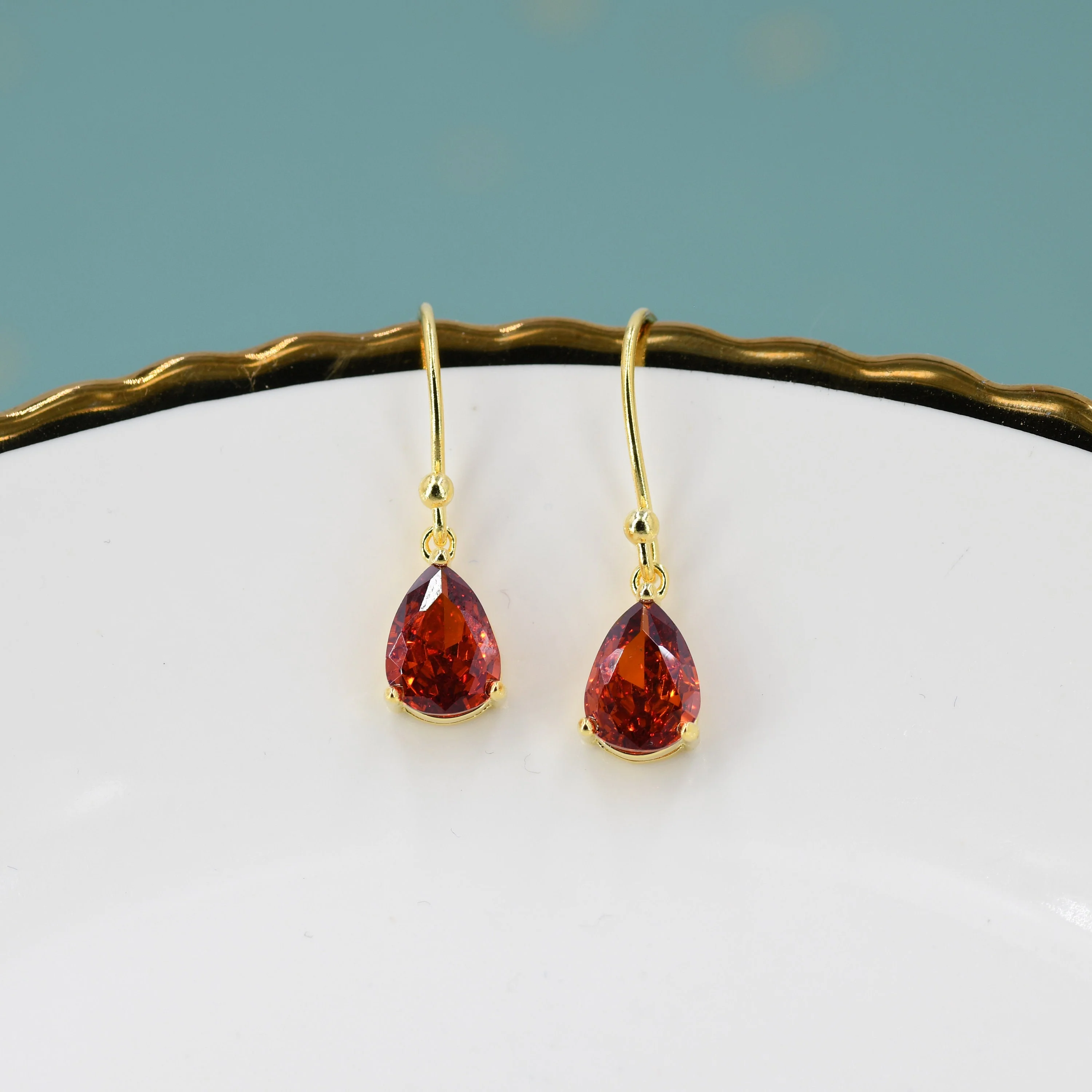Sterling Silver Garnet Red CZ Droplet Drop Earrings in Sterling Silver, Silver or Gold, Pear Shape Cubic Zirconia Hook Earrings - Image 8