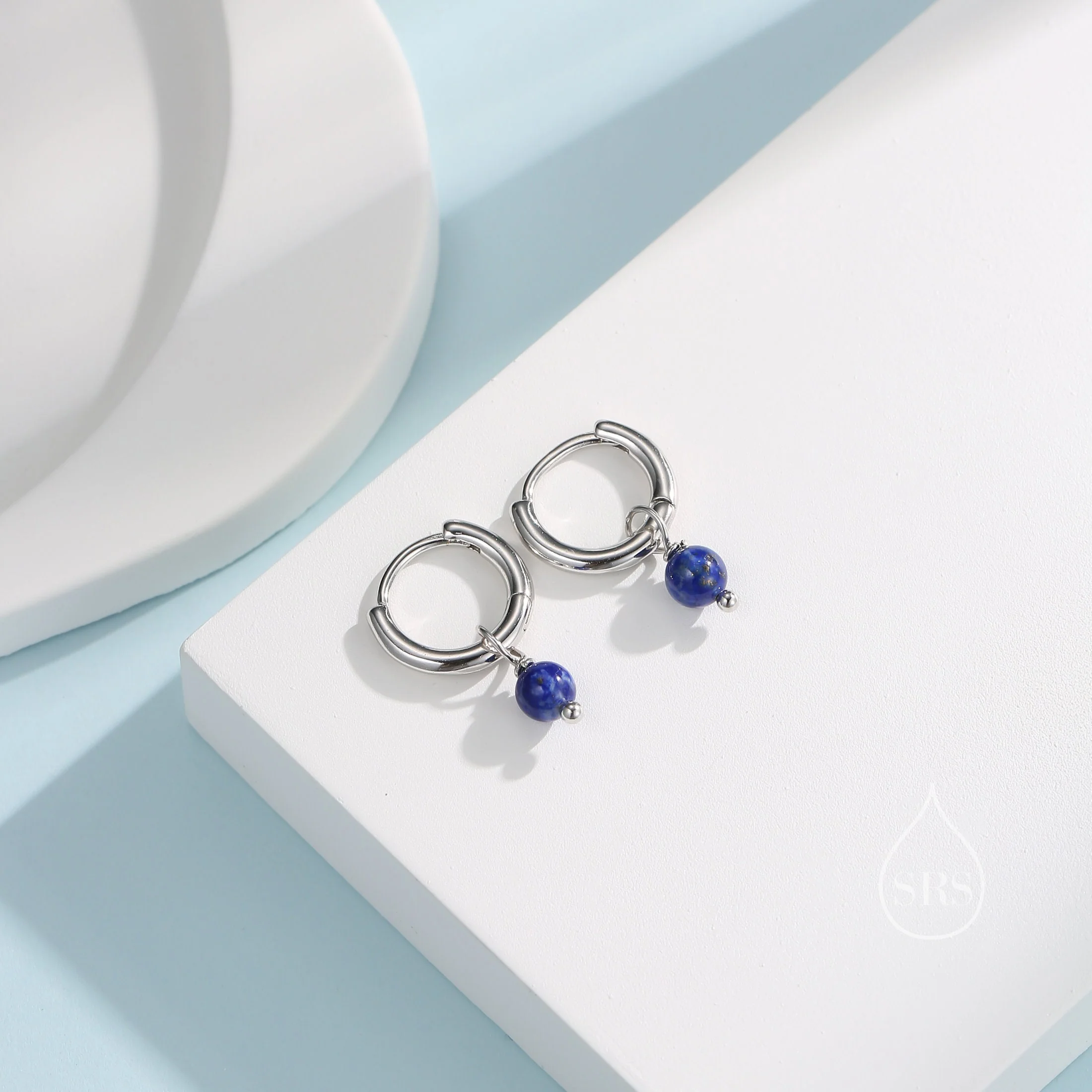 Sterling Silver Genuine Lapis Lazuli Bead Huggie Hoop Earrings, Minimalist Lapis Lazuli Stone Dangle Hoop Earrings, Lapis Hoop Earrings - Image 2