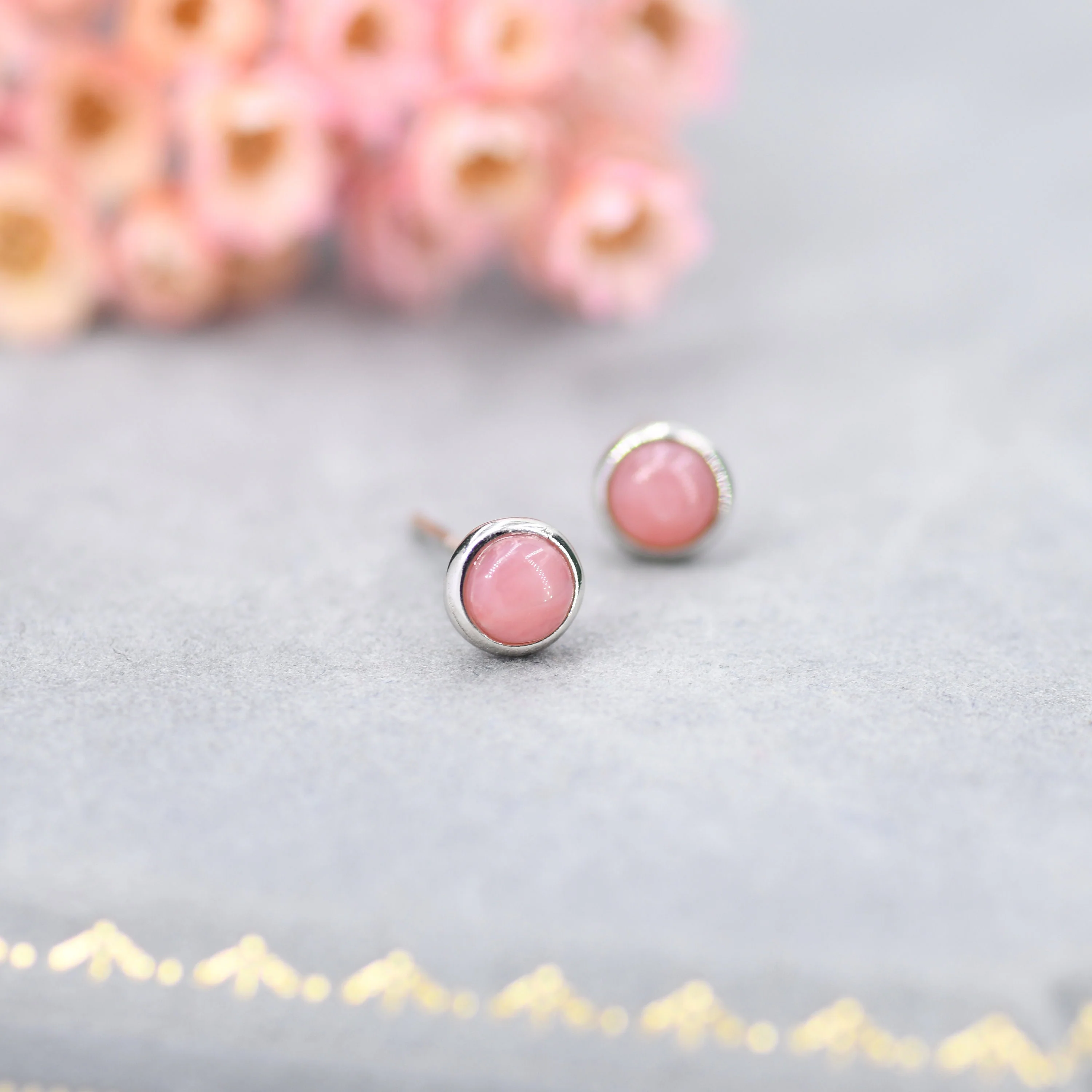 Sterling Silver Genuine Pink Opal Tiny Stud Earrings, Genuine Pink Opal Stud, Natural Semi-Precious Gemstones, 4mm Bezel Earrings - Image 6
