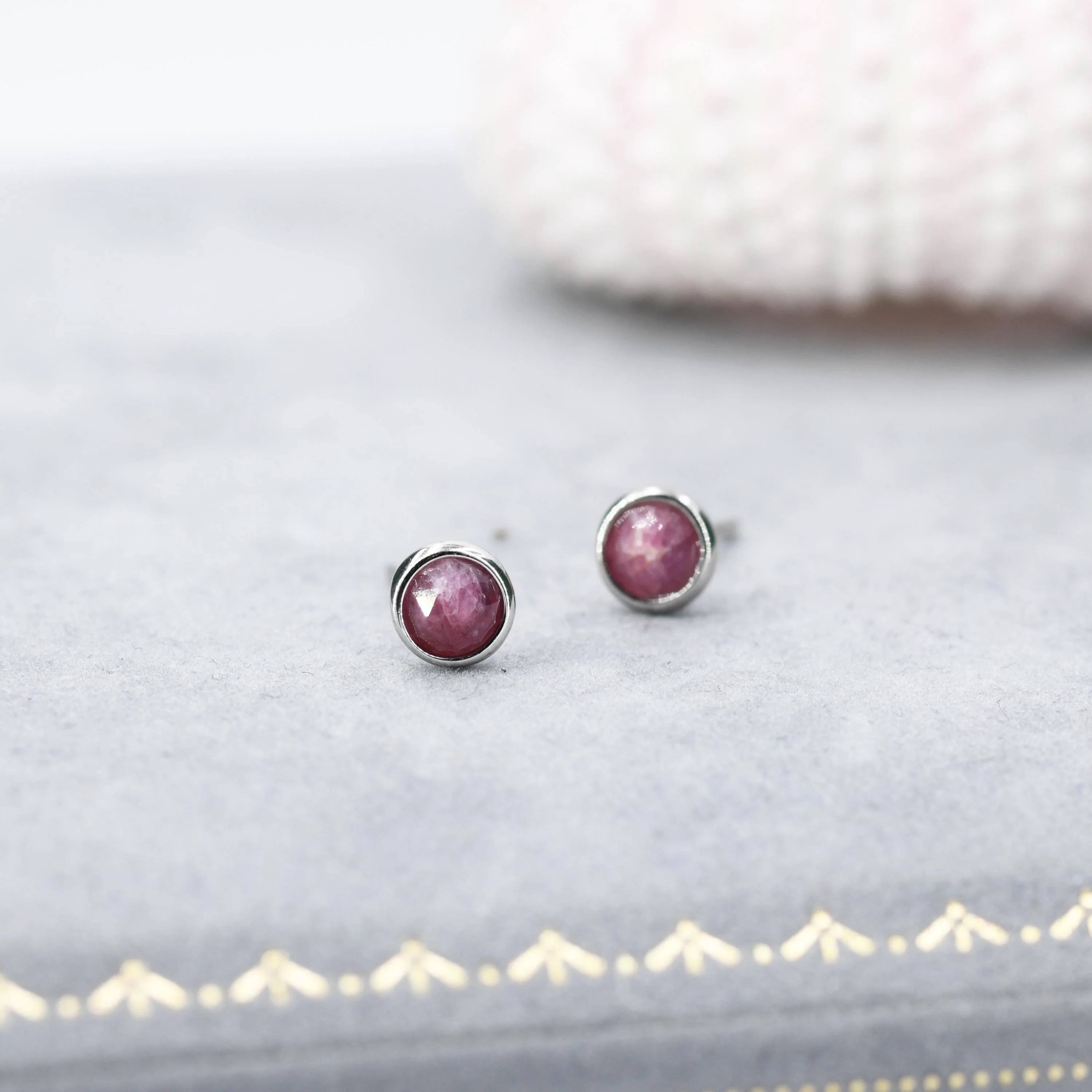 Sterling Silver Genuine Pink Tourmaline Tiny Stud Earrings, Natural Rose Cut Red Tourmaline Stud, Semi-Precious Gemstones, 4mm Bezel - Image 3