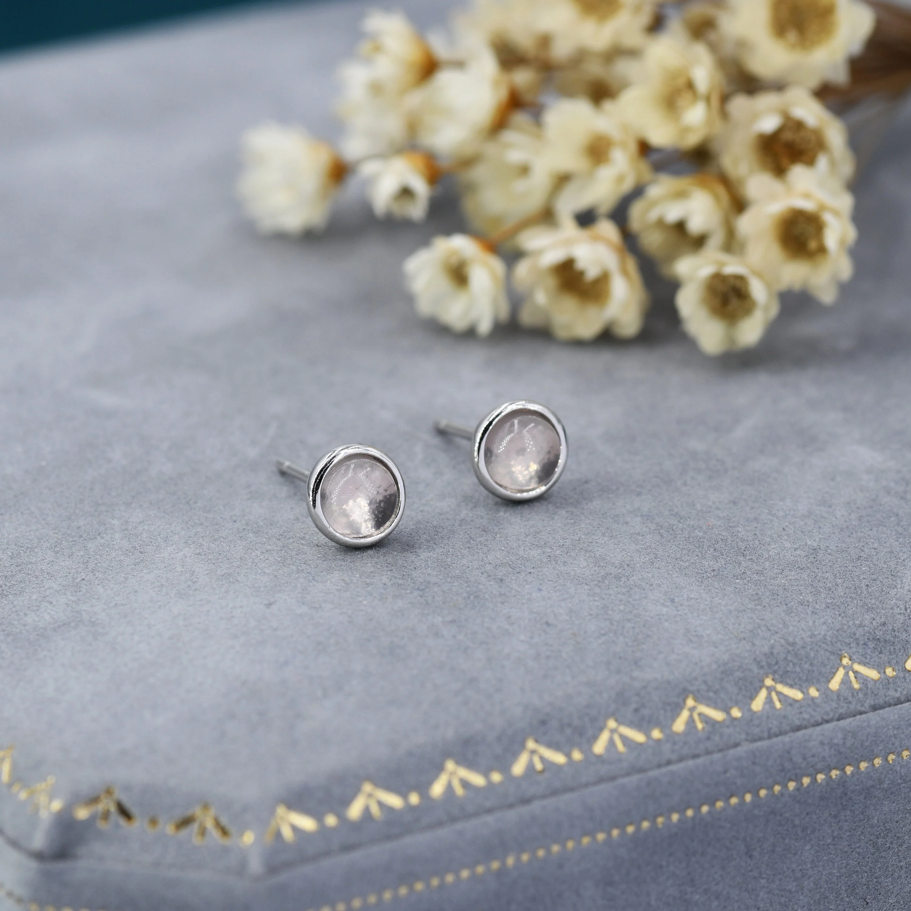 Sterling Silver Genuine Quartz Stud Earrings, 4mm or 5mm, Genuine Quartz Crystal Stud with Rose Tint, Bezel, Minimalist Style - Image 7