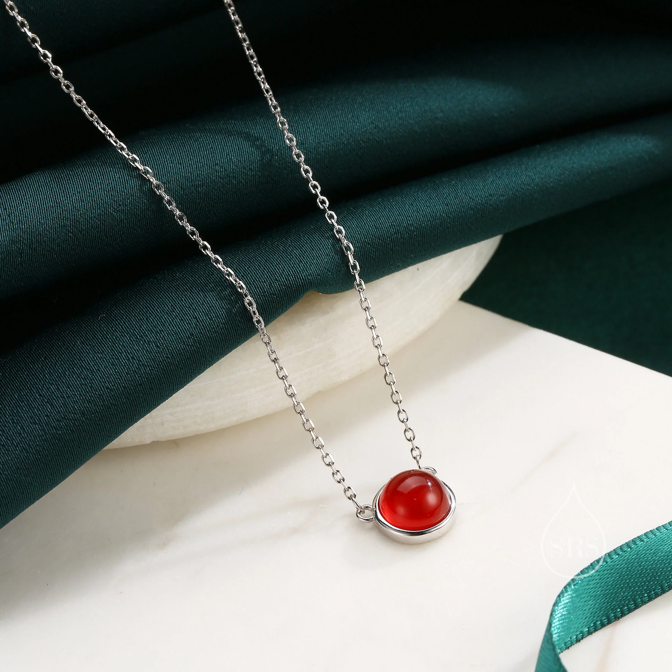 Sterling Silver Genuine Red Onyx Dainty Coin Pendant Necklace - Delicate Red Chalcedony Stone Coin Necklace, January Birthstone - Image 2