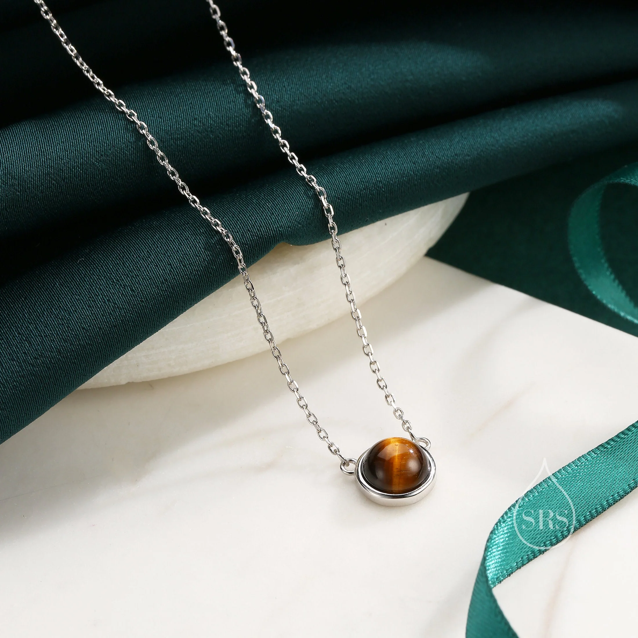 Sterling Silver Genuine Tiger's Eye Dainty Coin Pendant Necklace - Delicate Tiger Eye Stone Coin Necklace - Image 2