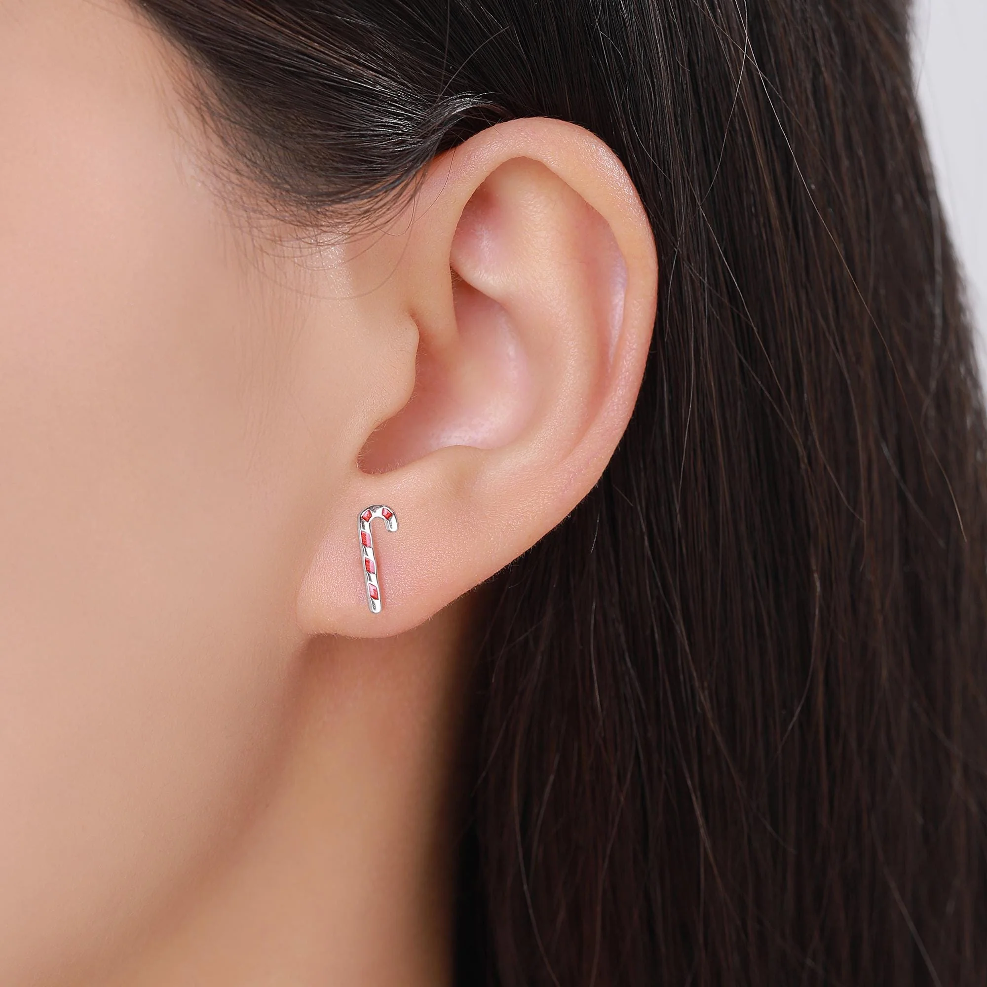 Sterling Silver Gingerbread Man & Candy Cane Stud Earrings – Christmas Mismatched Earrings, Festive Holiday Jewellery, Asymmetric Earrings - Image 2