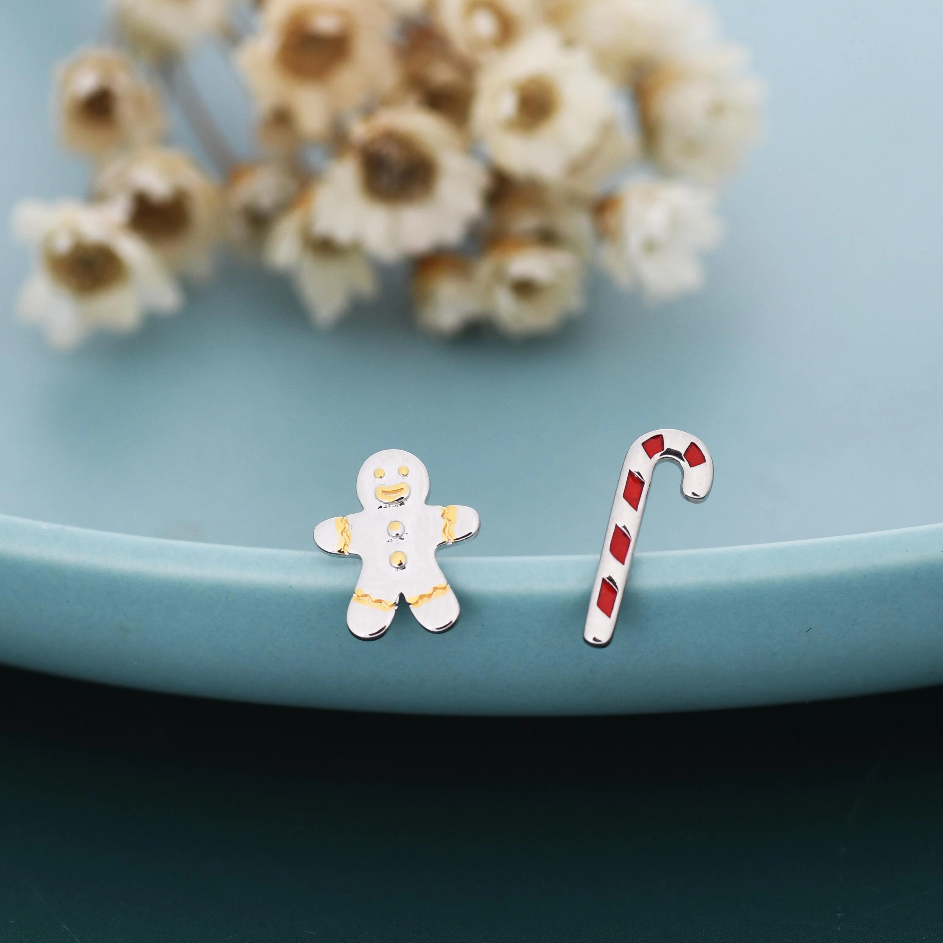 Sterling Silver Gingerbread Man & Candy Cane Stud Earrings – Christmas Mismatched Earrings, Festive Holiday Jewellery, Asymmetric Earrings - Image 6