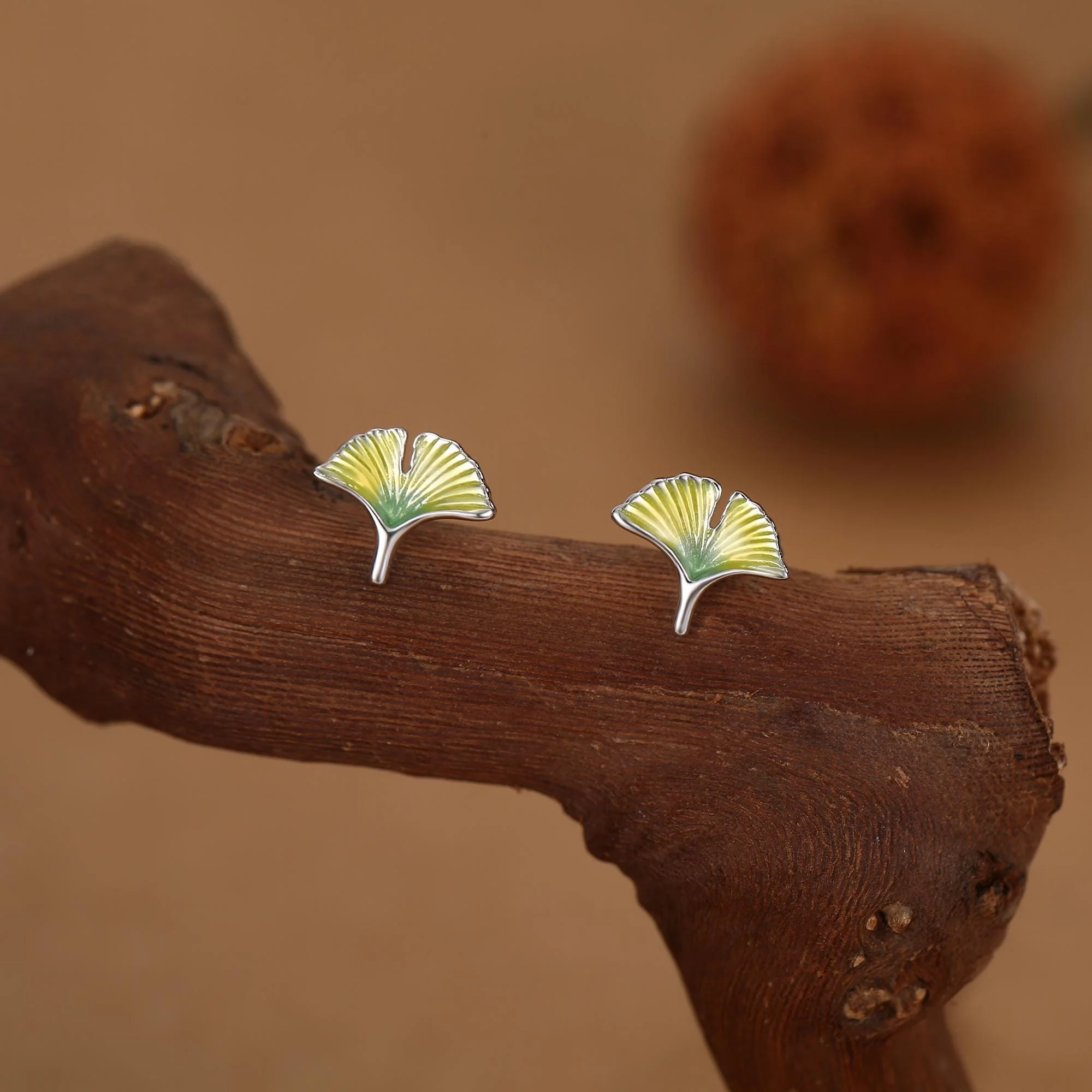 Sterling Silver Ginkgo Leaf Stud Earrings - Image 3