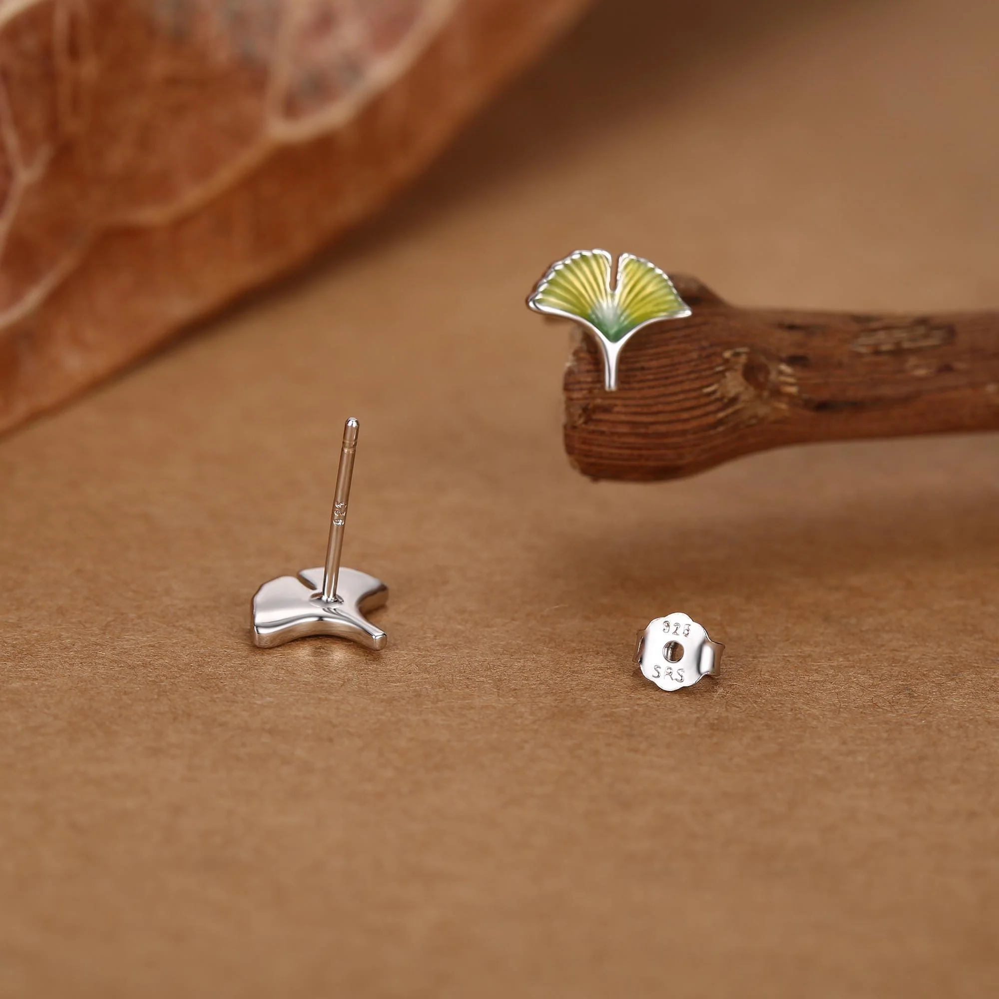 Sterling Silver Ginkgo Leaf Stud Earrings - Image 4
